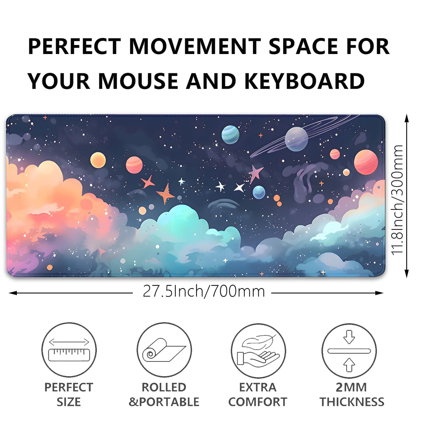 Cosmos Desk Mat Mouse Pad,Anime-Inspired Space Scene Mousepad, Cute Aesthetic Stars and Planets,Large Galaxy Mouse Pad,Cute Desk Mat for Home Work Ofiice(27.5X11.8 in)