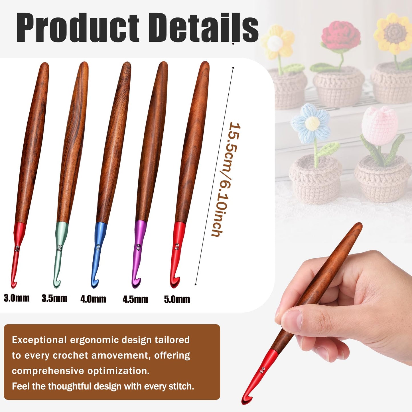 Giwrmu Crochet Hook Set, 5 Pcs Ergonomic Crochet Hooks, Colored Aluminum Crochet Hook with Wooden Handle for Arthritic Hands Knitted Dolls, Gloves, Sweaters, Blankets - 3.0mm/3.5mm/4.0mm/4.5mm/5.0mm