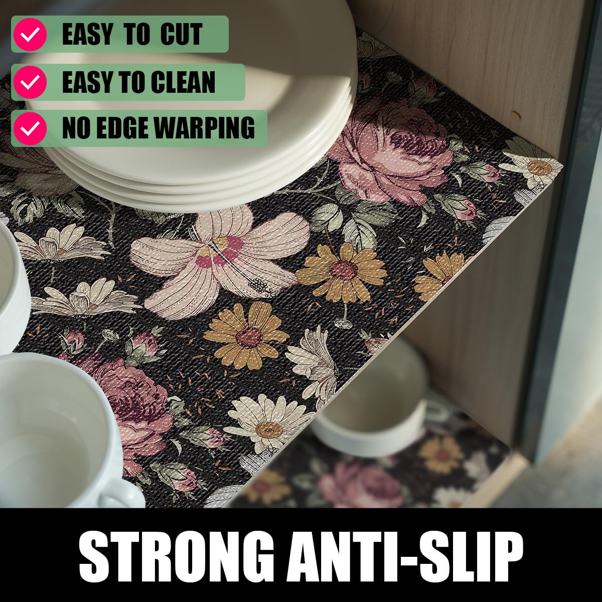 Black Retro Floral Shelf Drawer Liner for Kitchen Non (9.67 Sq Ft)