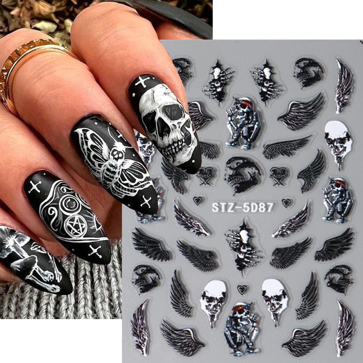 8 Sheets 5D Halloween Nail Stickers Horror Gothic Nail Decals Punk Nail Supplies Embossed Skull Clown Evil Eyes Lip Wing Bone Ghost Spider Web Halloween for Nail Art Stickers Women DIY Nail Decor