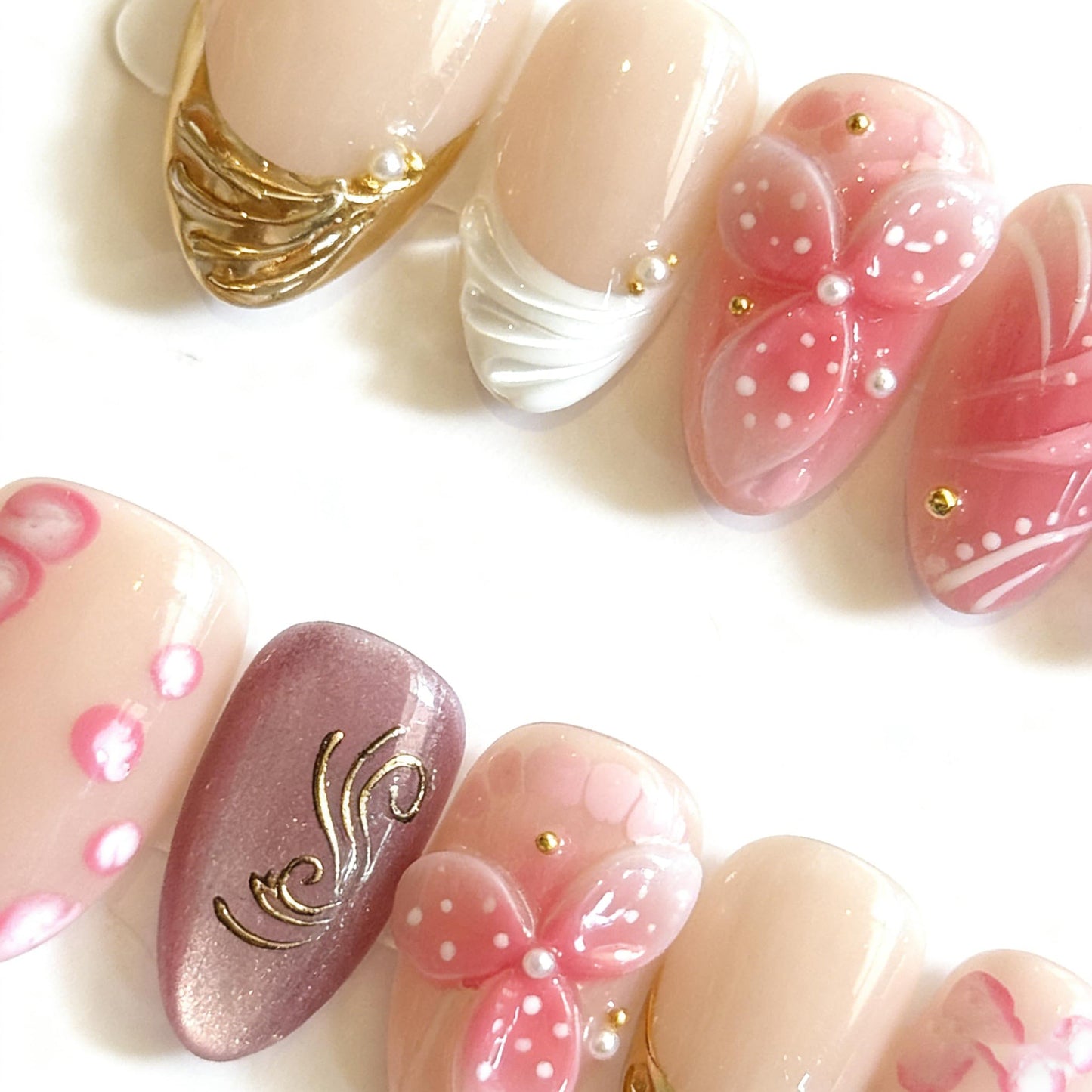 Handmade Press ons Nails Summer Pink 3D Flower Almond Shape Fake Nails with Gold Foil and Pearl Accents Reusable Glossy False Nails for Women M Size
