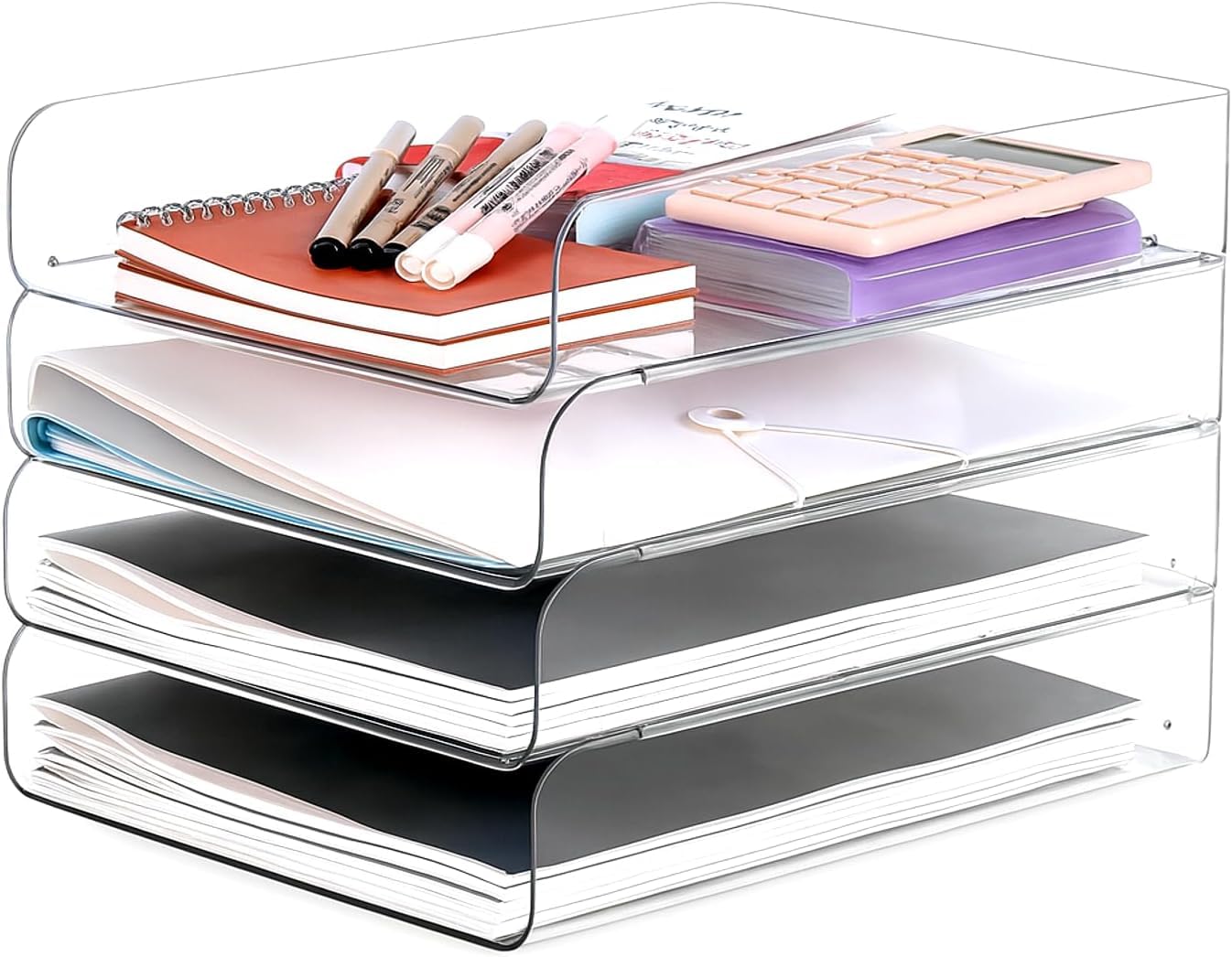 LALOBLUE Stackable Letter Tray Desk Organizer, Set of 4 Clear PET Paper & File Organizers, Document Storage for Office Supplies