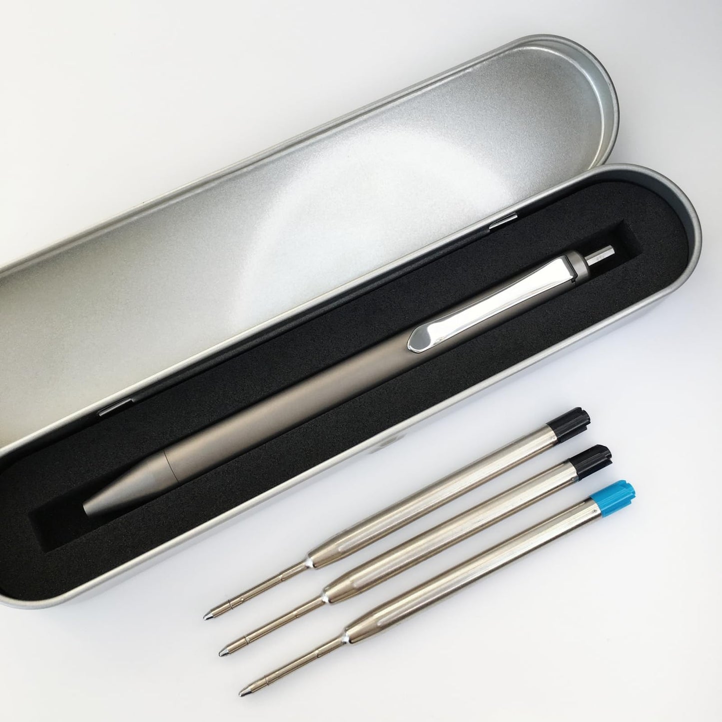 Grey Titanium Alloy Ballpoint Pen Retractable Lightweight EDC Pen with Pocket Clip Compatible with Parker Style Refill with 3 Extra Refills in Gift Box (LA035)