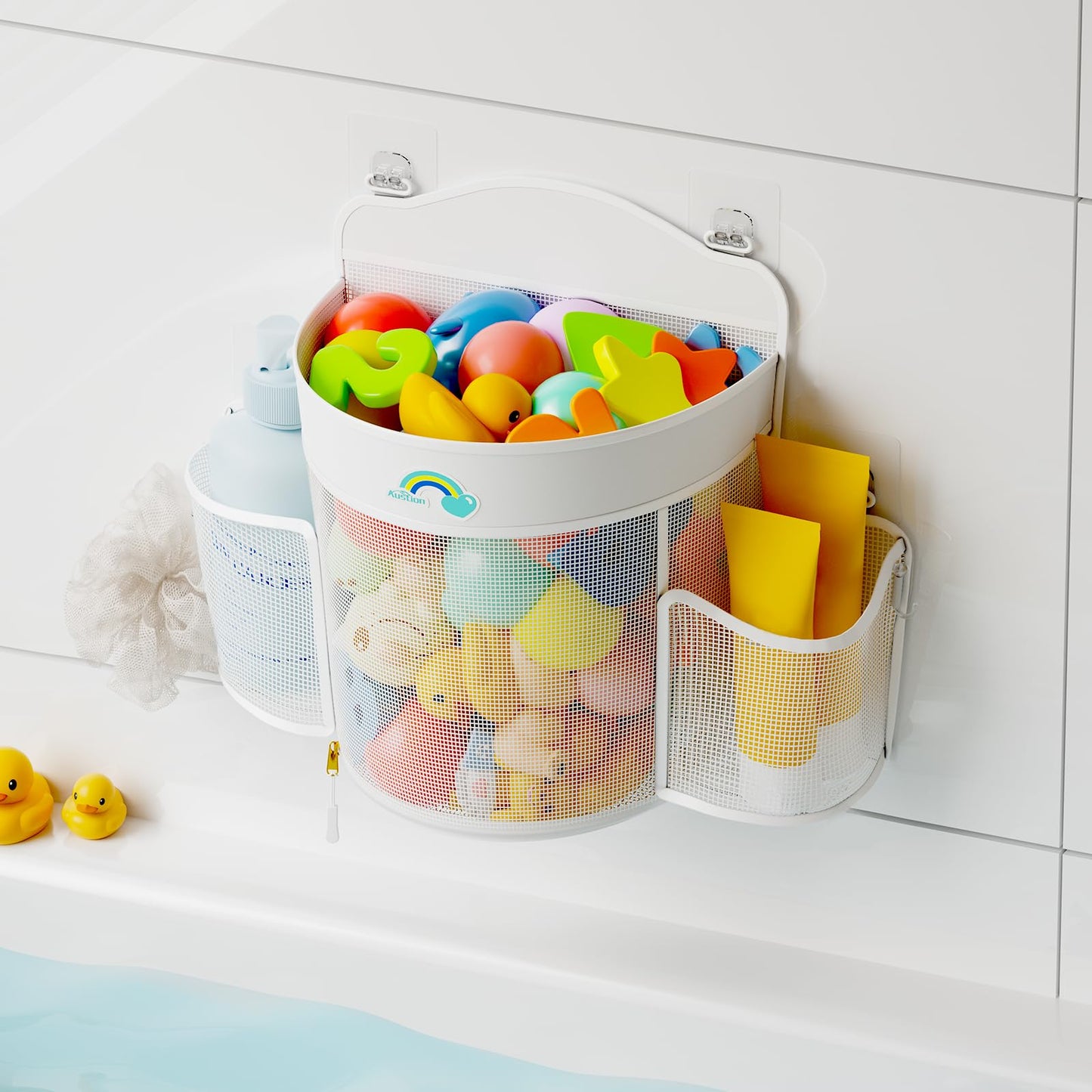 Austion Hanging Bath Toy Storage - Large Opening Quick Dry Mesh Bath Toy Holder with 2 Side Pockets and Bottom Zipper, Space-Saving Bath Toy Organizer for Kids Bathtubs - White