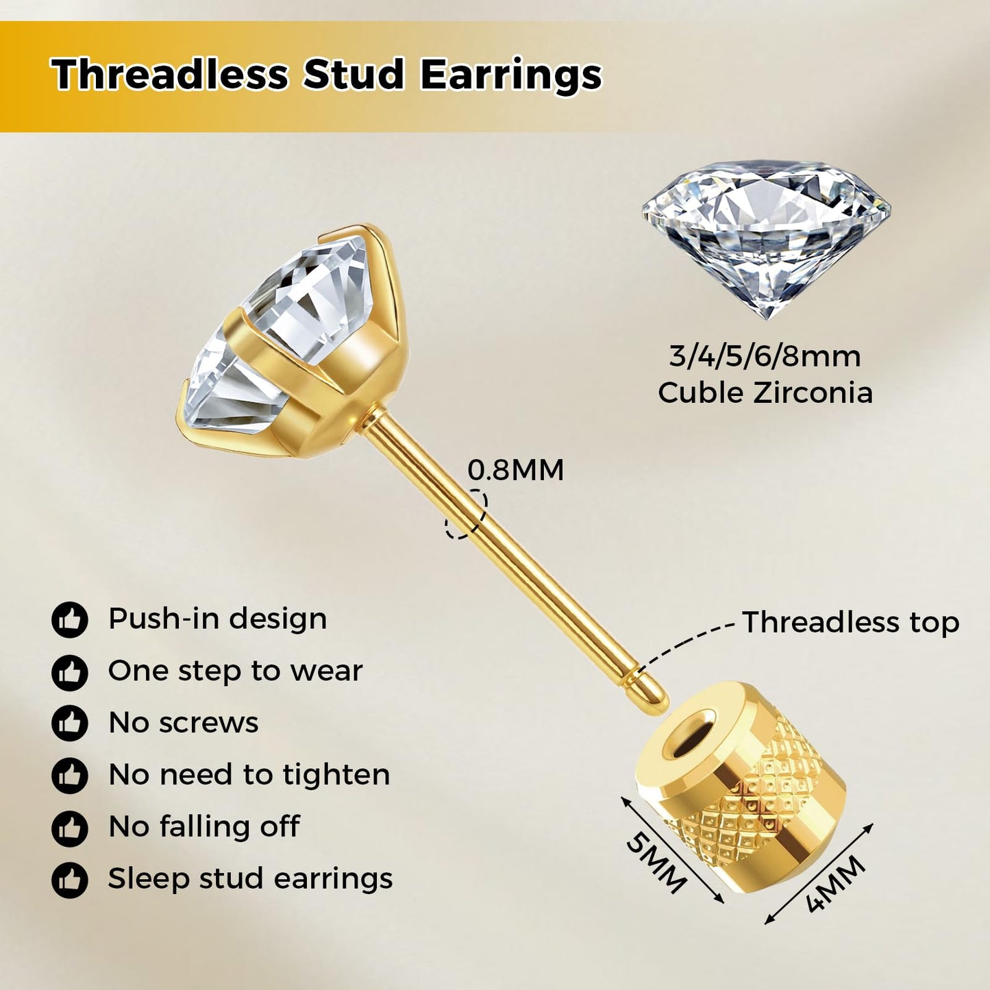 Hypoallergenic Threadless Flat Back Earrings,1 Pairs Cartilage Stud for Women Men Titanium Post 20G None Screw Easy Push in Gold Black Stainless Steel Flatback with CZ 3-7mm (Gold+Clear CZ, 6mm)
