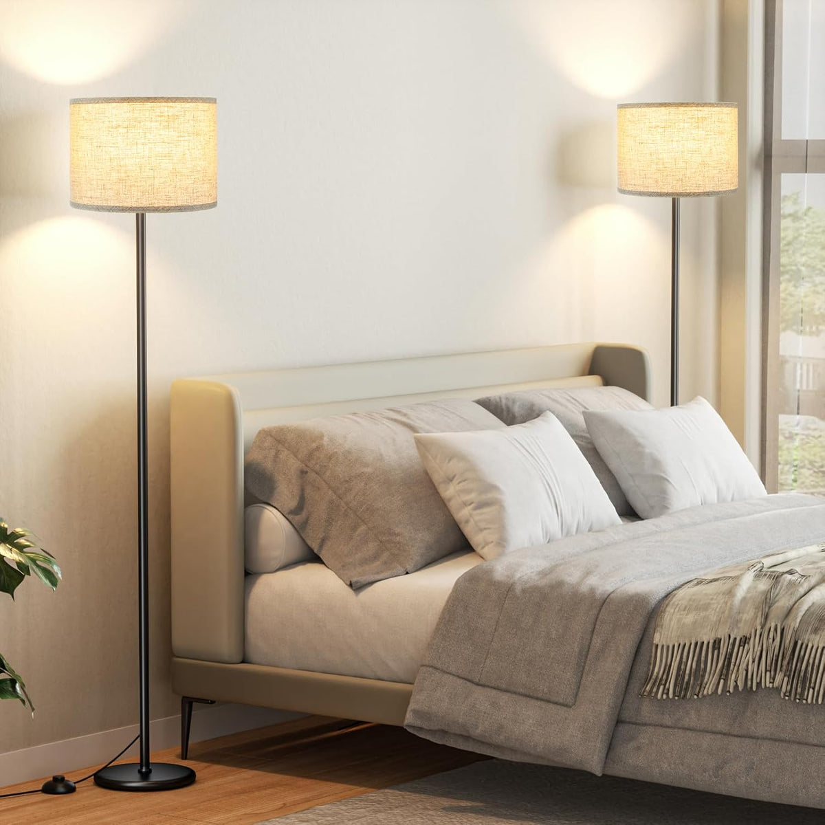 Ambimall 60'' Modern Floor Lamp Set of 2, 2PK Tall Lamps for Living Room Bedroom, Beige Shade with Black Pole(Without Bulb)
