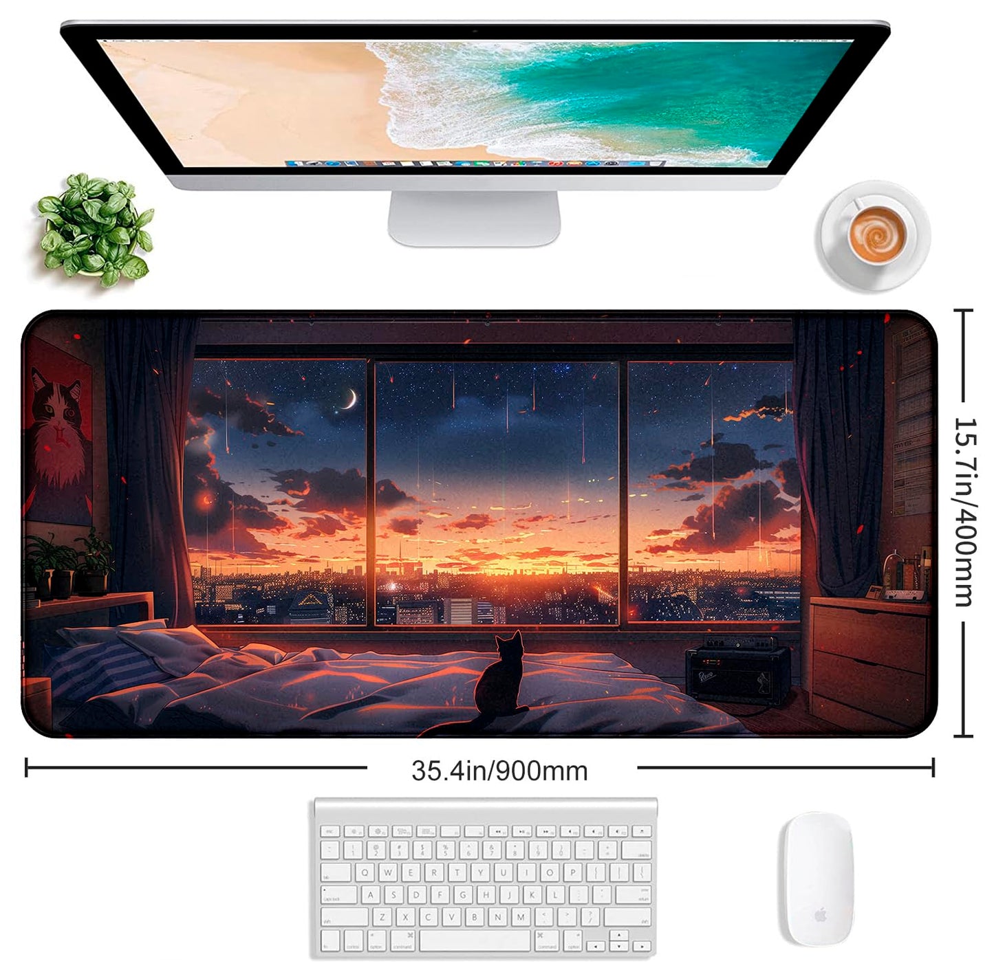 Anime Cat Fantasy Window Mouse Pad, Summer Mouse Pad Large Healing Night Scene, Game Table Pad XL Office Decoration Women's Laptop Keyboard Pad 35.4 x 15.7 x 0.12 Inches