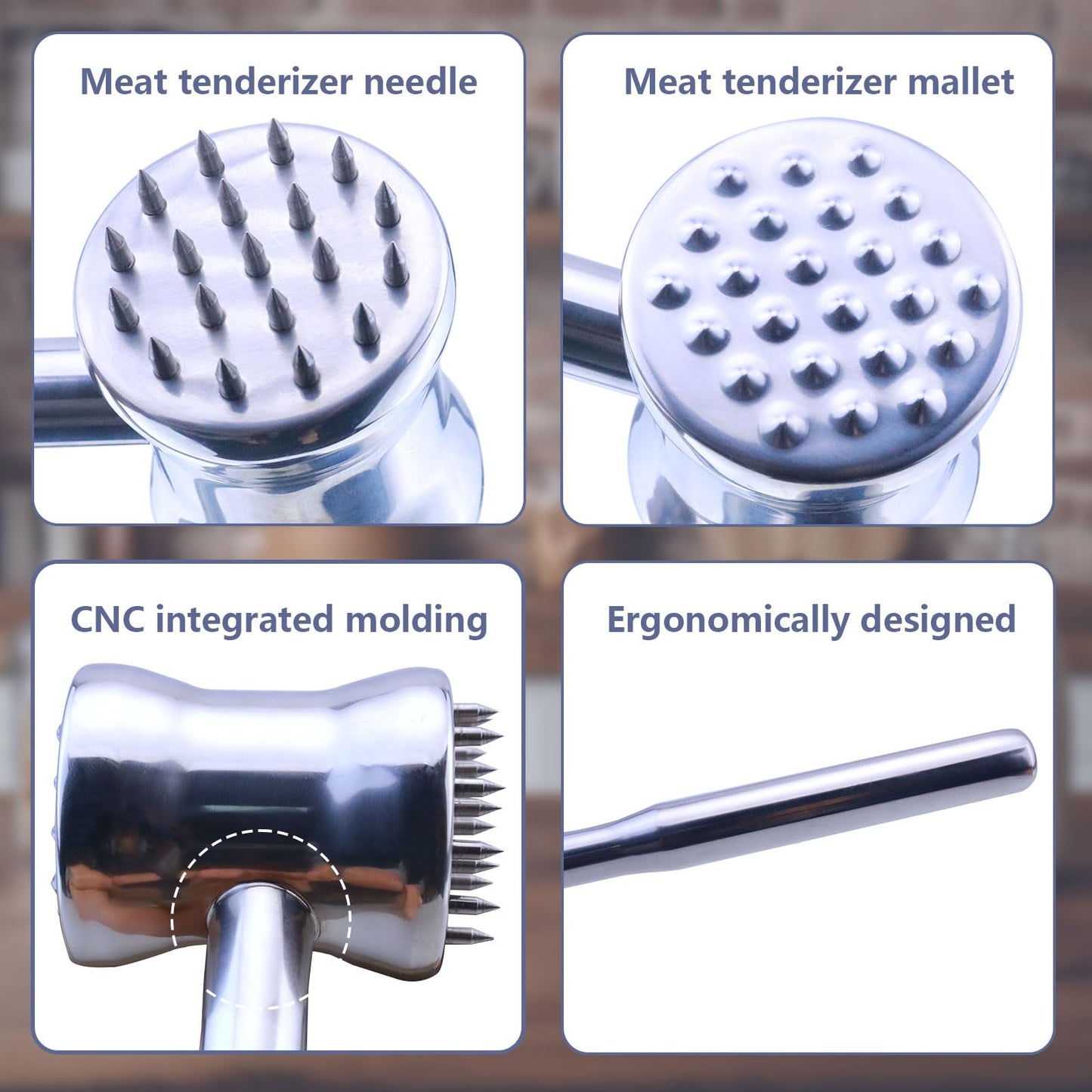 Dual-Sided 2-in-1 Stainless Steel Meat Tenderizer Tool, Meat Mallet Hammer with Meat Tenderizer Needles, Professional Kitchen Tool for Tenderizing Steak, Chicken and Beef, Easy-Grip Easy to Clean