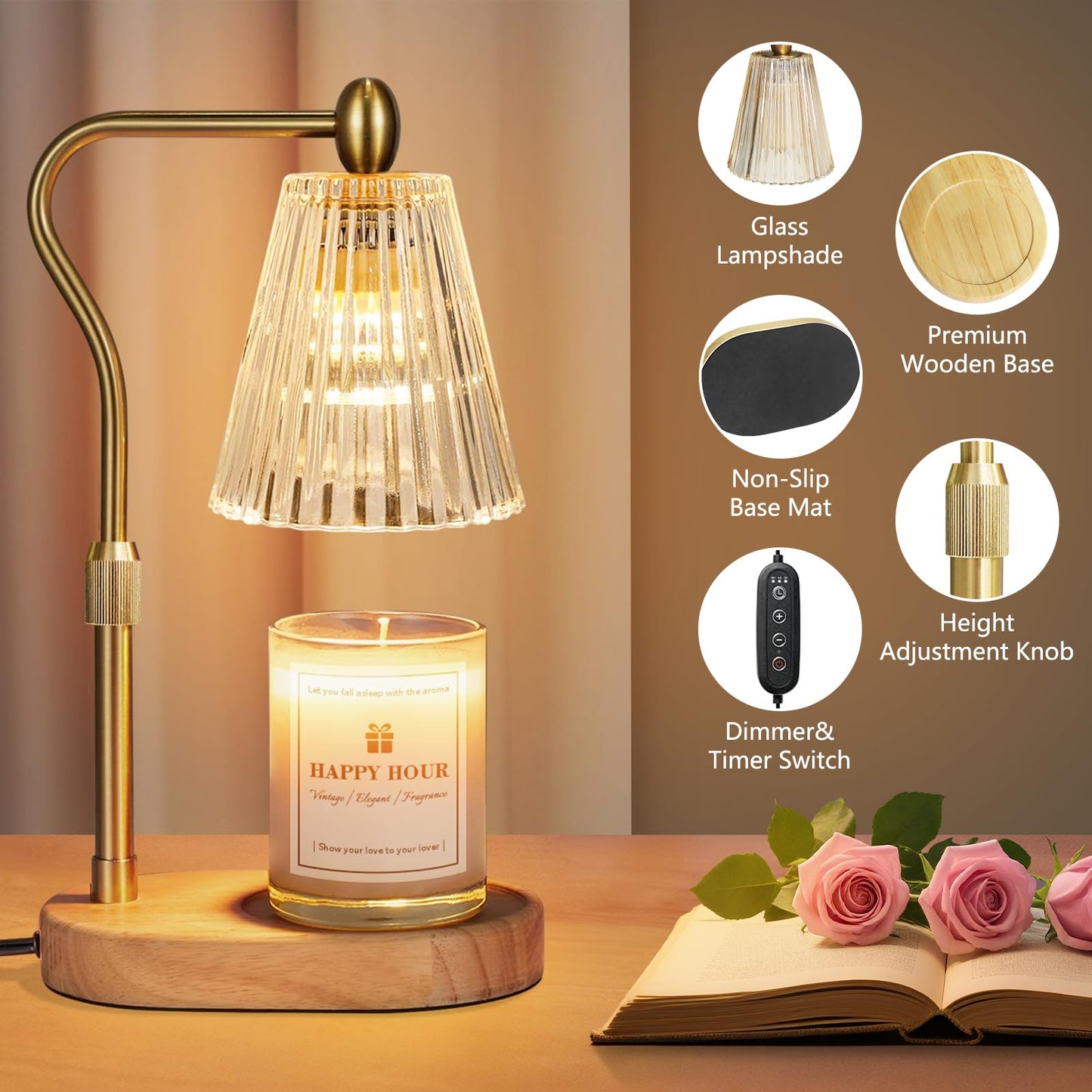 Imenlox Candle Warmer Lamp, with Timer and Dimmer, Adjustable Height, Mother' s Day Gifts for Mom, Birthday Gifts for Women, House Warming Gifts Room Decor, Wax Warmer for Jar Candles(Amber)