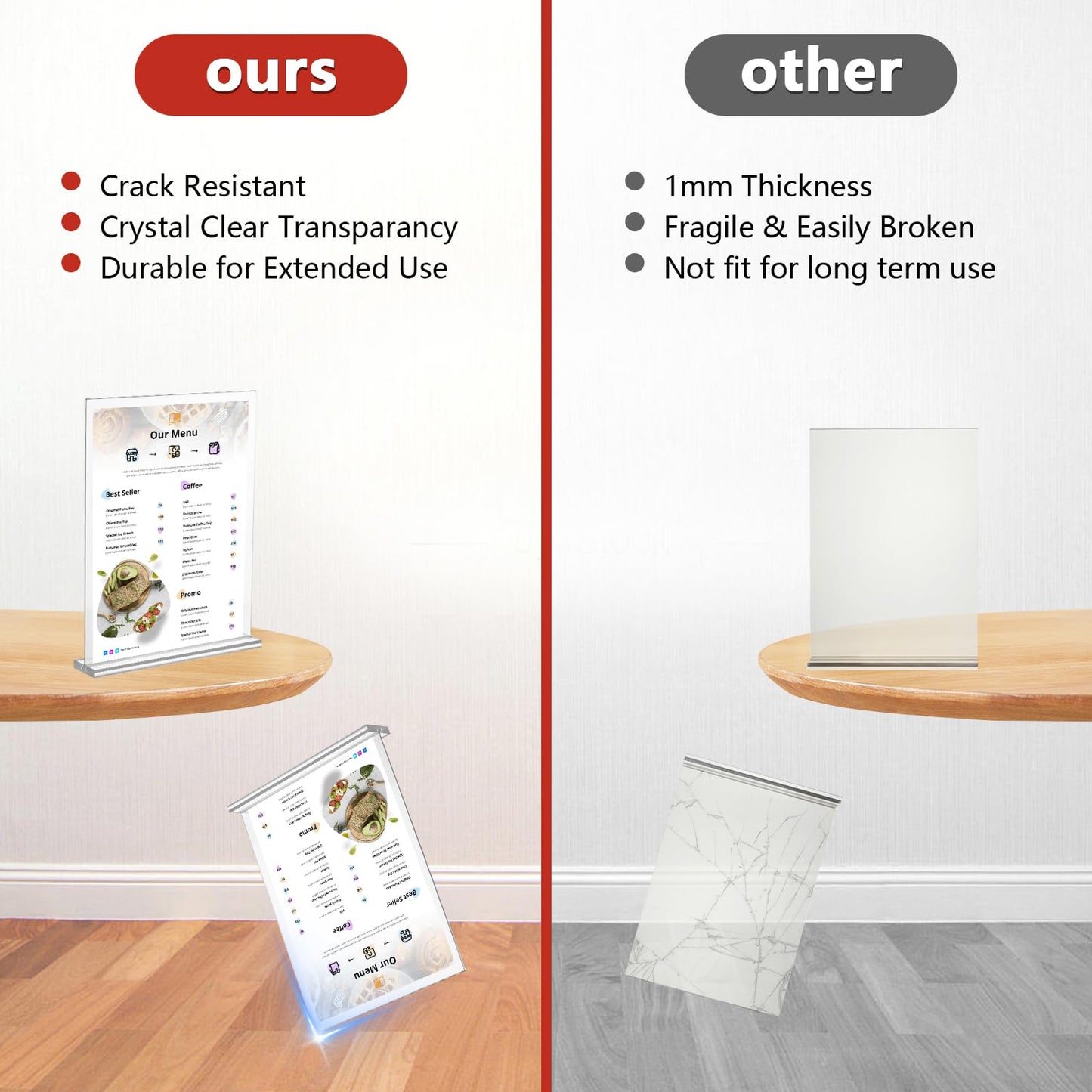 8.5x11 Acrylic Sign Holder with 2 Business Card Holder, 3 Pack Double Sided Clear Display Stand, Flyer Holder 8.5 x 11, Table Top Paper Holder, Vertical Menu Flyer Stand, Plastic Frame for Restaurants