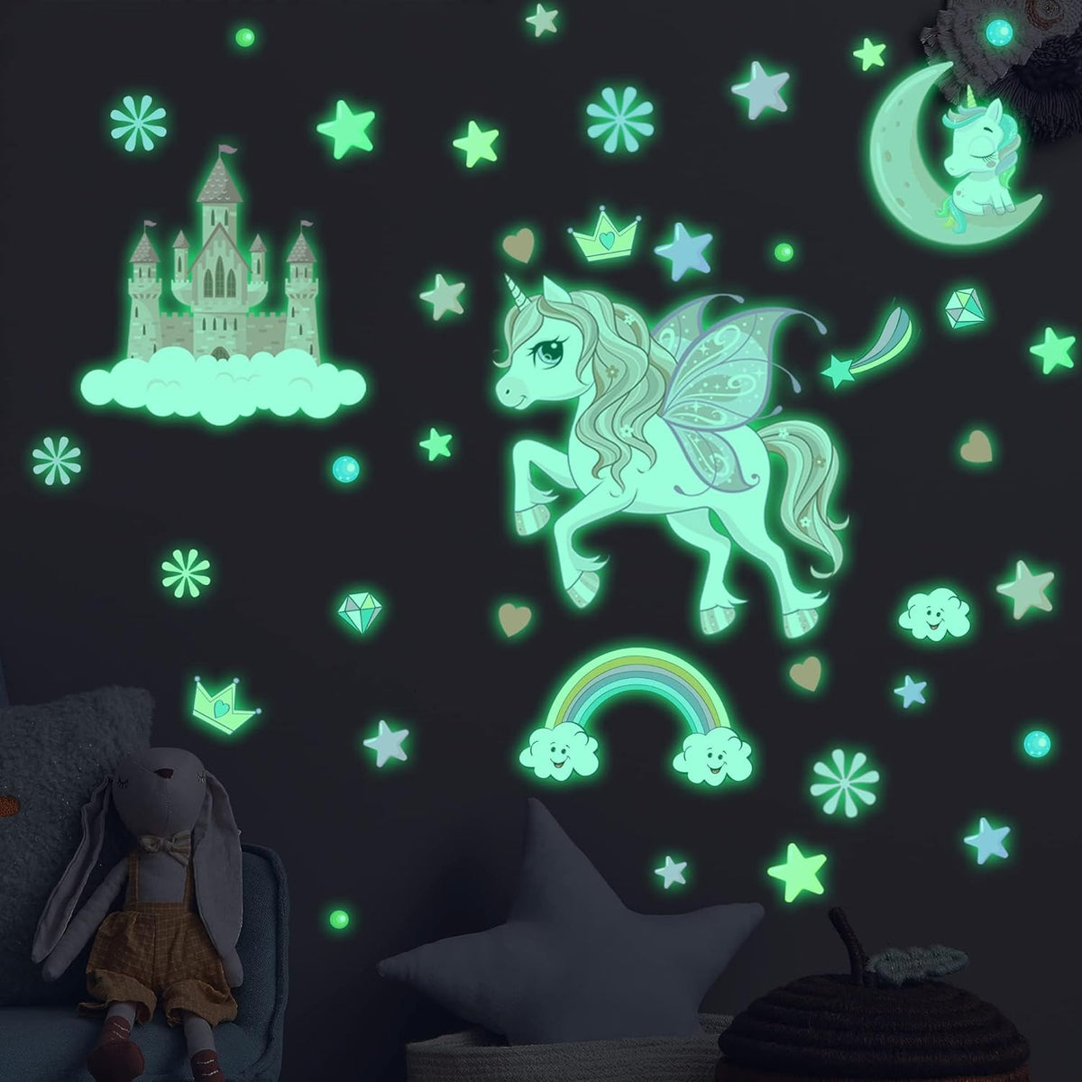 Glow in The Dark Stars Unicorn Wall Decals, Castle Moon Rainbow Stickers for Ceiling, DIY Unicorn Wall Decor for Nursery Girls Playroom, Kids Christmas Birthday Party Decoration