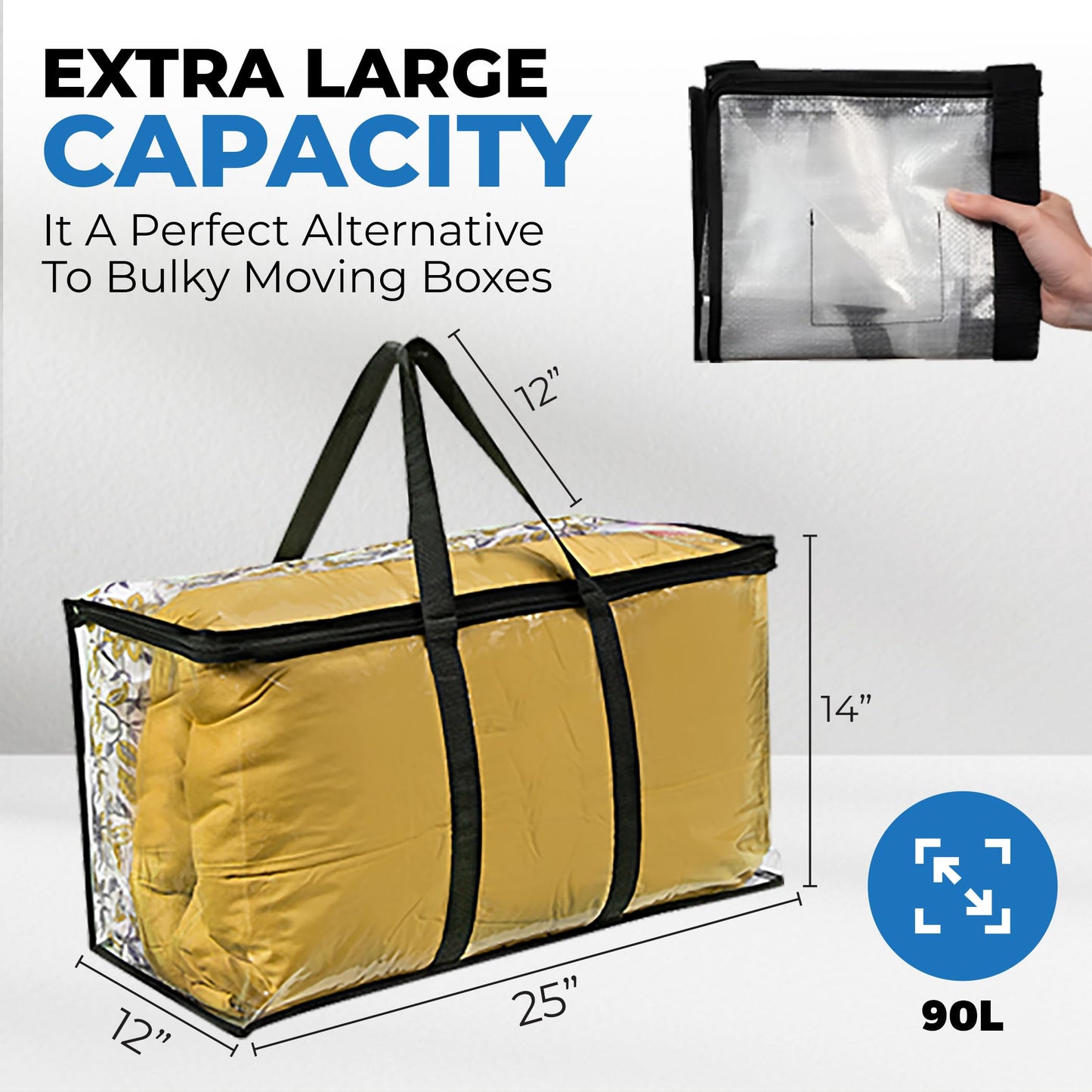 VitalUp 2 Pack Clear Large Moving Bags, Heavy Duty Storage Bags, College Totes, Storage Bins, for Organizing Blankets, Clothing for College, Dorm, Packing, Durable with Zipper and Handle 25x14x12