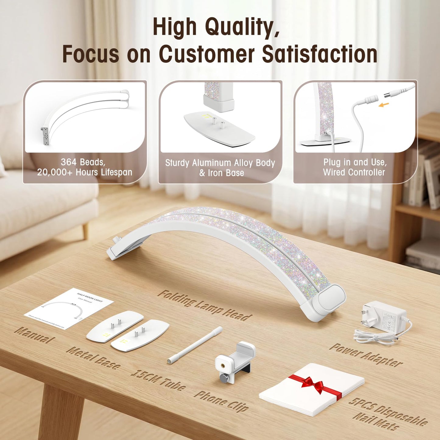 LIONVISON Half Moon Light for Desk: 29" Foldable Nail Light for Desk with Phone Holder - 3000K-6500K 3 Color Modes 10 Brightness for Salon Nail Technicians & Home DIY Manicure Enthusiasts (Diamond)