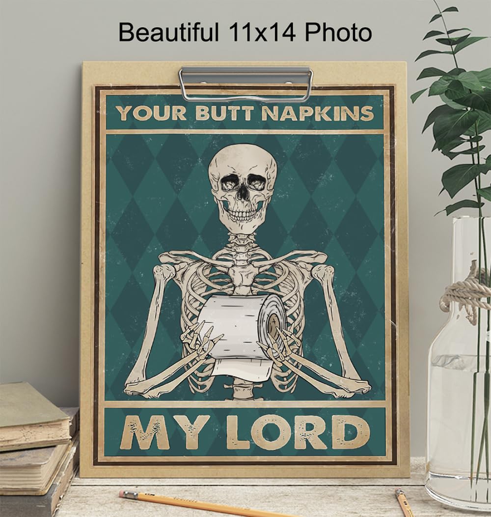 Spooky Bathroom Decor LARGE 11x14 - Skeleton Decoration - Funny Bathroom Wall Art - Your Butt Napkins My Lord - Humorous Bath Decor - Gothic Wall Art - Bath Accessories - Powder room Picture