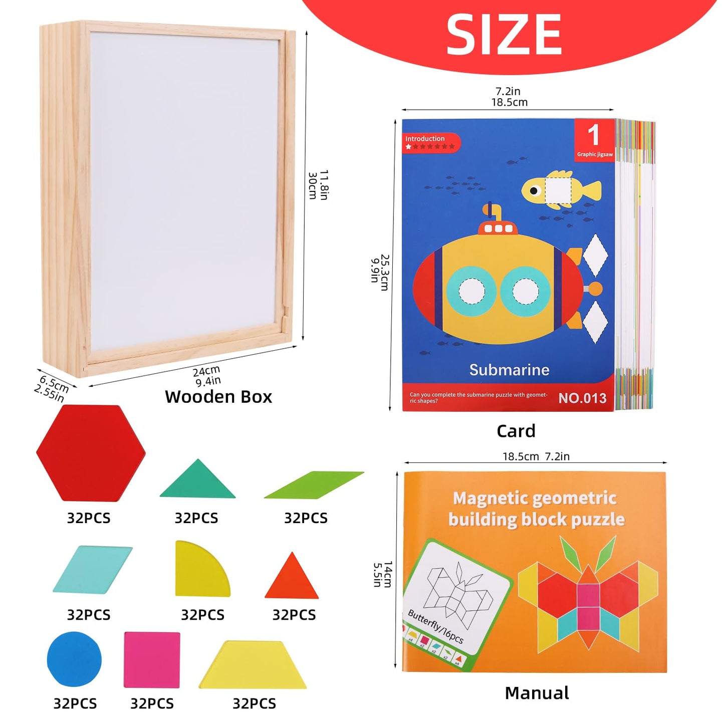 GEMEM 288 PCS Wooden Magnetic Pattern Blocks Set,Montessori Tangram Puzzle STEM Toys for Kids Ages 3-8, Educational Learning Toys Gift