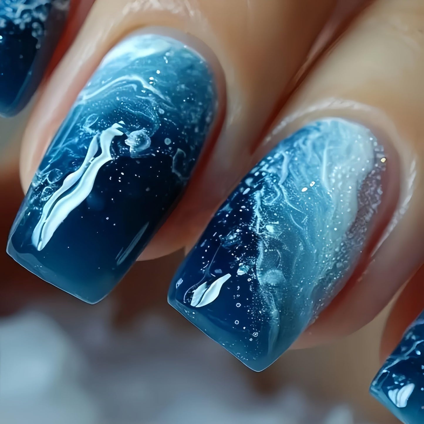 Summer Press on Nails Medium Square Fake Nails Ocean Beach False Nails Blue Gradient Acrylic Nails Reusable Full Cover Glue on Nails for Women Manicure Nail Decoration 24Pcs