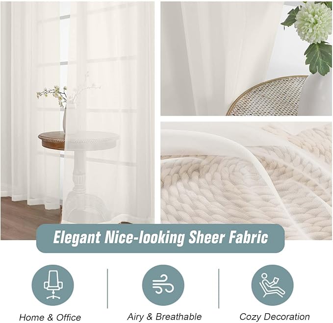 Extra Wide Ivory Sheer Curtains for Window 96 Inches Long 2 Panels Set, Elegant Light Filtering Voile Sheer Curtains for Sliding Glass Door, Dual Rod Pocket Window Drapes, 2x59Wx96L Inches
