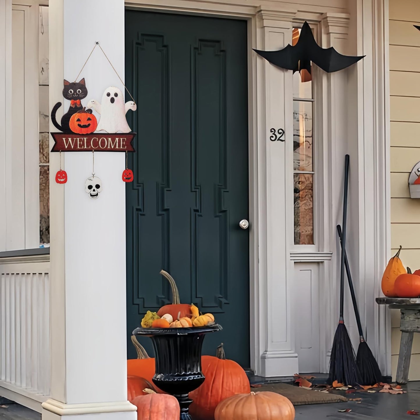 Halloween Welcome Sign Hanging Wood Decor - Spooky Ghost, Black Cat, Pumpkin & Skull for Front Door Wall Decorations with 3 Pendant (Pumpkin, Skull, Pumpkin), Indoor Outdoor Fall Party Supplies