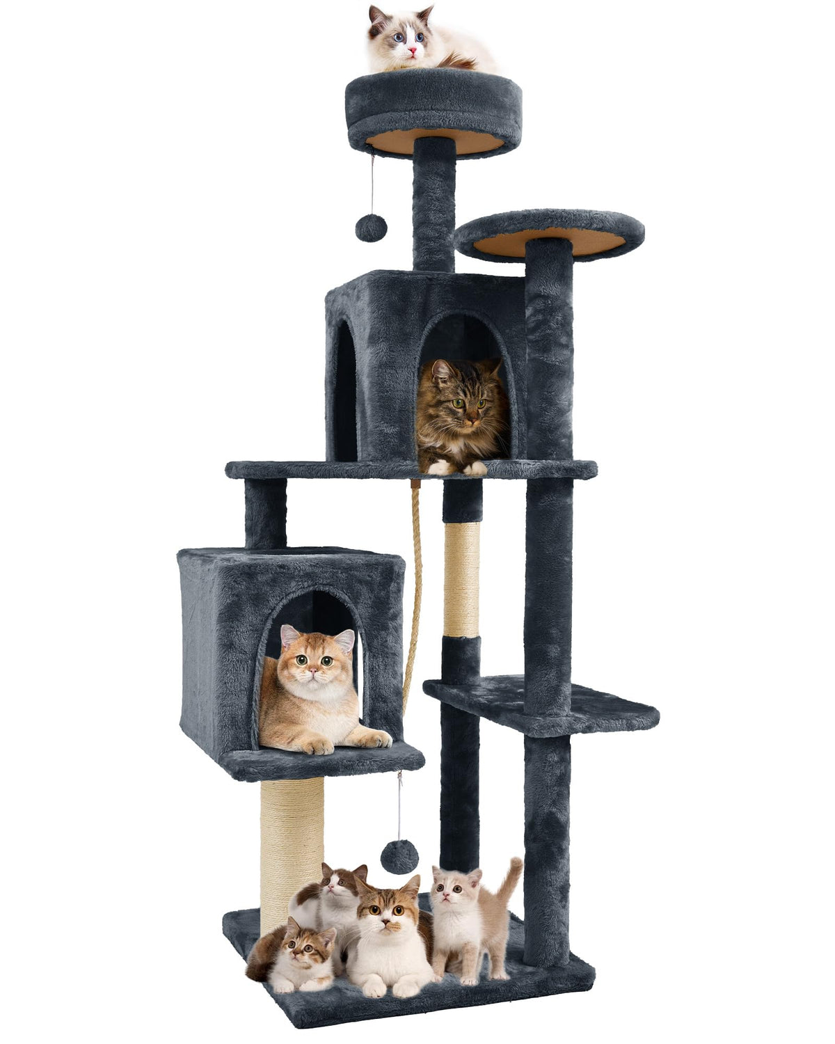 TSCOMON 58.5inch Large Cat Tree Tower Condo for Indoor Cats, Soft Plush Multi-Level Climbing Tree Cat House with Cat Cave, Scratching Post, More Entrance/Exit, Sisal Rope, Grey Black