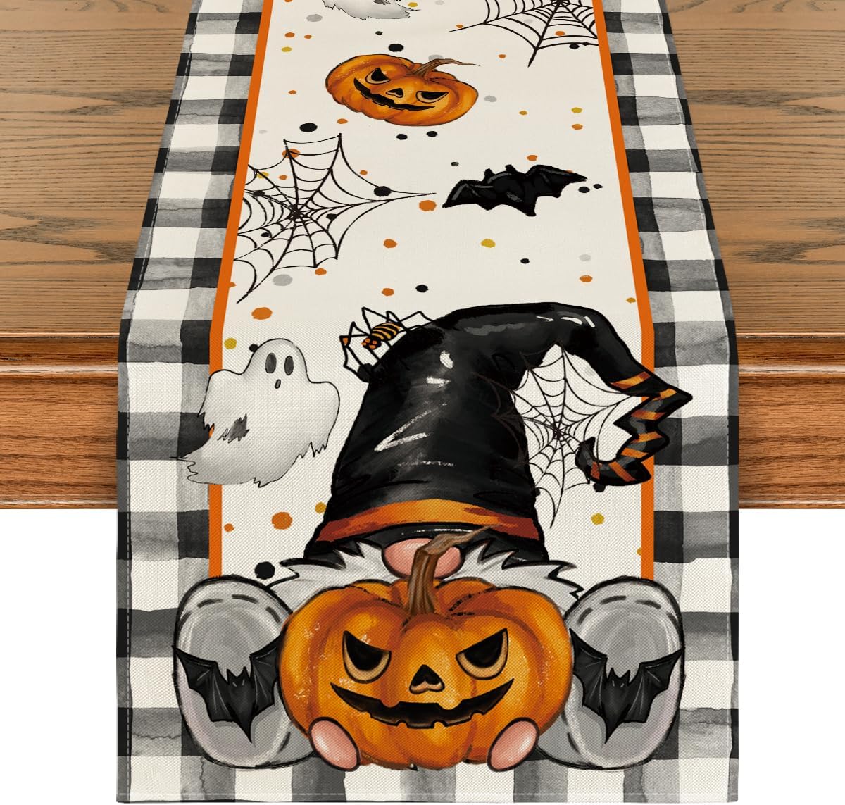 Artoid Mode Buffalo Plaid Gnome Bat Pumpkin Ghost Halloween Table Runner, Sensonal Kitchen Dining Table Decor for Home Party 13 x 72 Inch