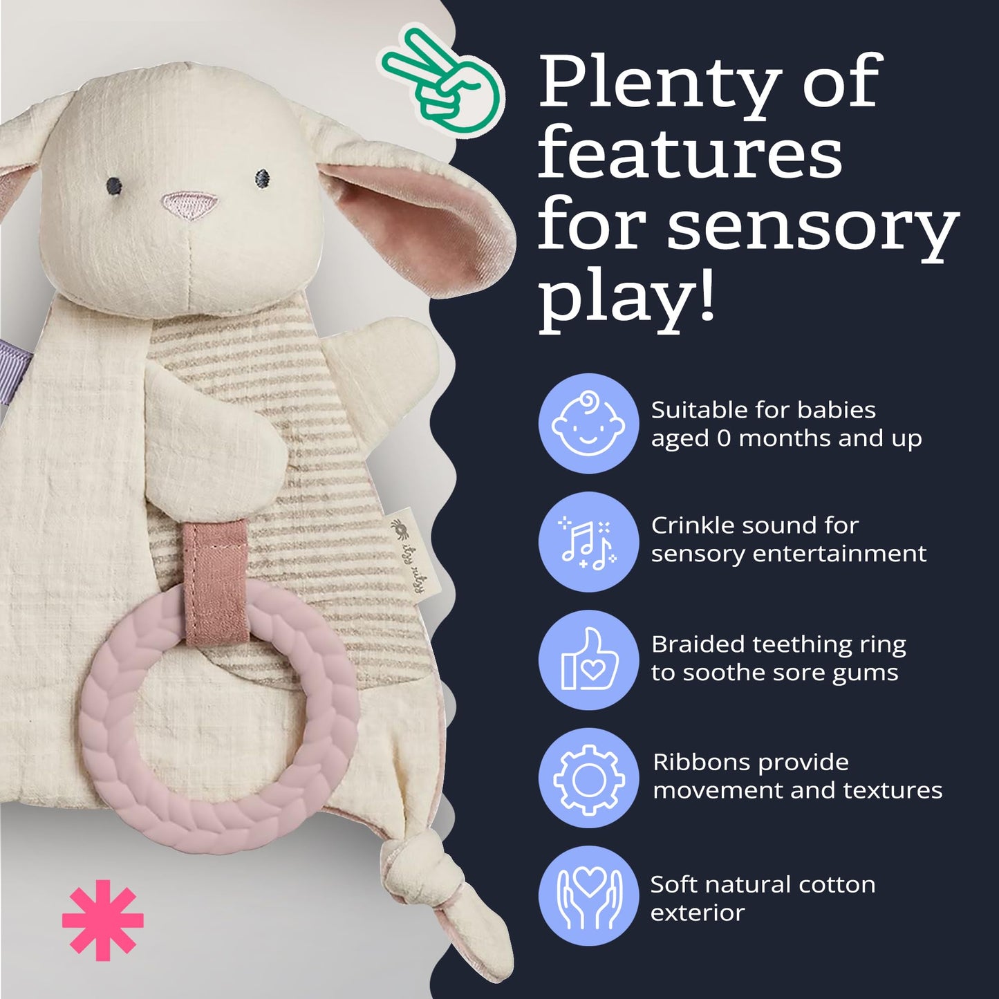 Itzy Ritzy - Bitzy Crinkle Sensory Toy Bunny with Crinkle Sound for Babies & Toddlers - Features Soft Braided Teething Ring & Textured Ribbons, Designed for Ages 0 Months and Up, Bunny