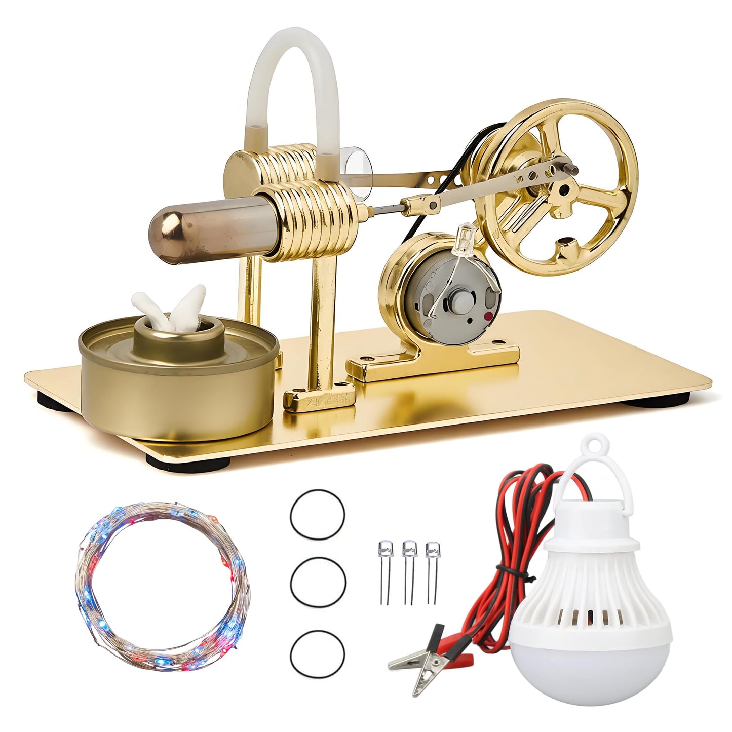 Xnrmevkh Hot Air Stirling Engine Motor Colorful LED Light Sterling Generator Model Golden