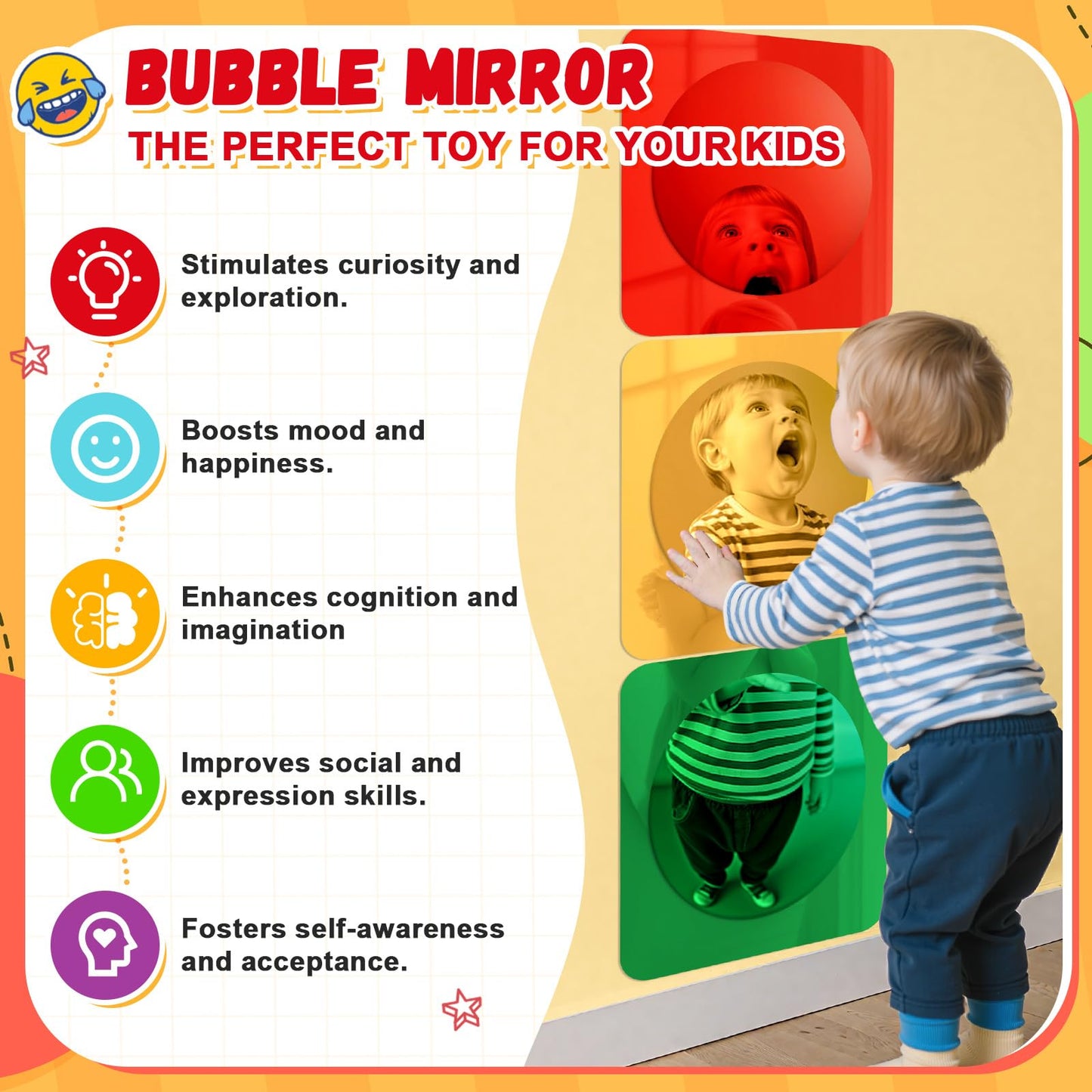 Geiserailie 3 Pcs Sensory Wall Mirror Acrylic Bubble Mirror Toys for Calming Corner Items - Sensory Room Have Visual, Tactile Stimulation (10 x 10 Inch,Red,Yellow,Green)