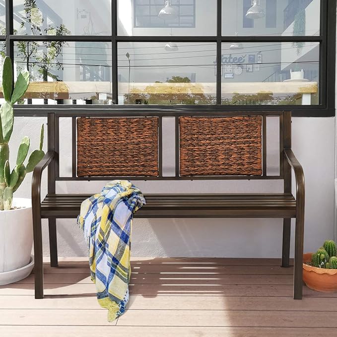 S AFSTAR Outdoor Garden Bench, Brown, Iron, Metal, Polyethylene, Rattan, 50.5 in Width, 2 Adults
