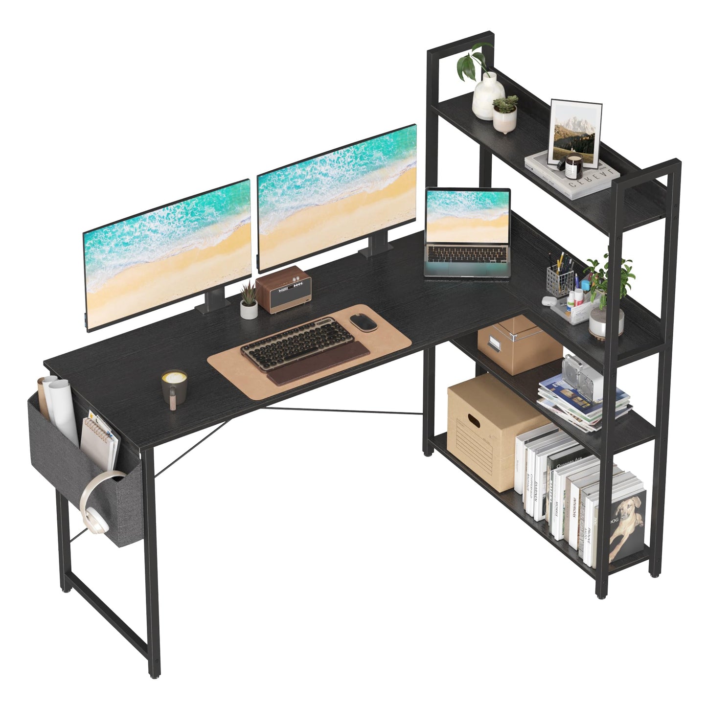 Treesland 55 Inch Small L Shaped Desk, Corner Desk with Bookshelf, Home Office Desk, Writing Study Desk for Bedroom, Black