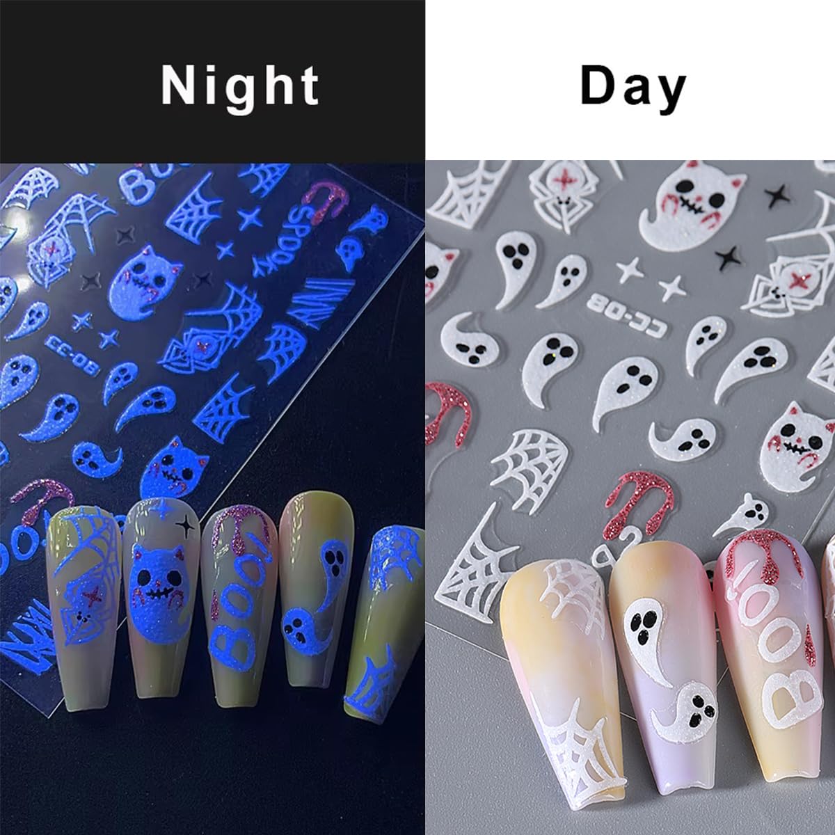 5Sheets Glow in Dark Halloween Nail Art Stickers - Luminous Spooky Nail Decals with Cute Ghost, Bat & Spider Designs for Women & Girls