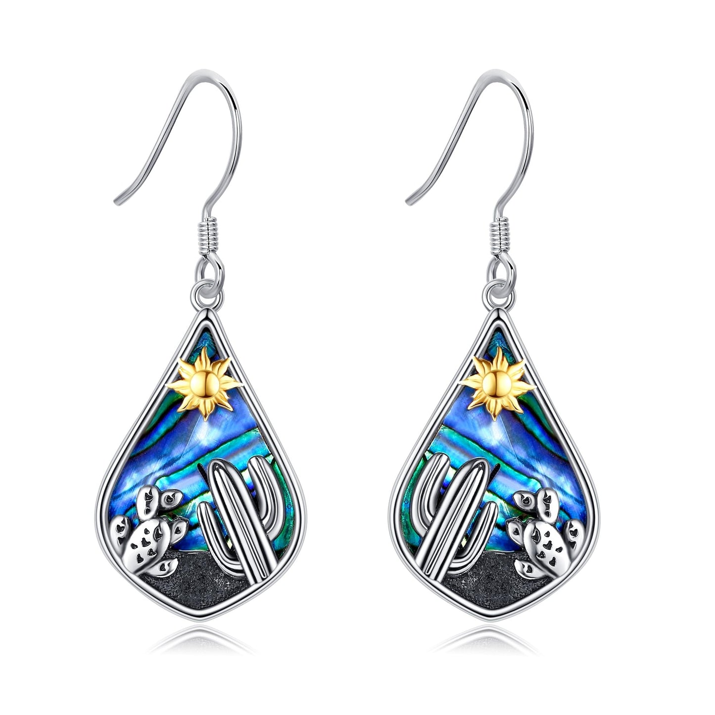 POPLYKE Cactus Earrings 925 Sterling Silver for Women Teardrop Abalone Plant Sun Earrings Cactus Jewelry