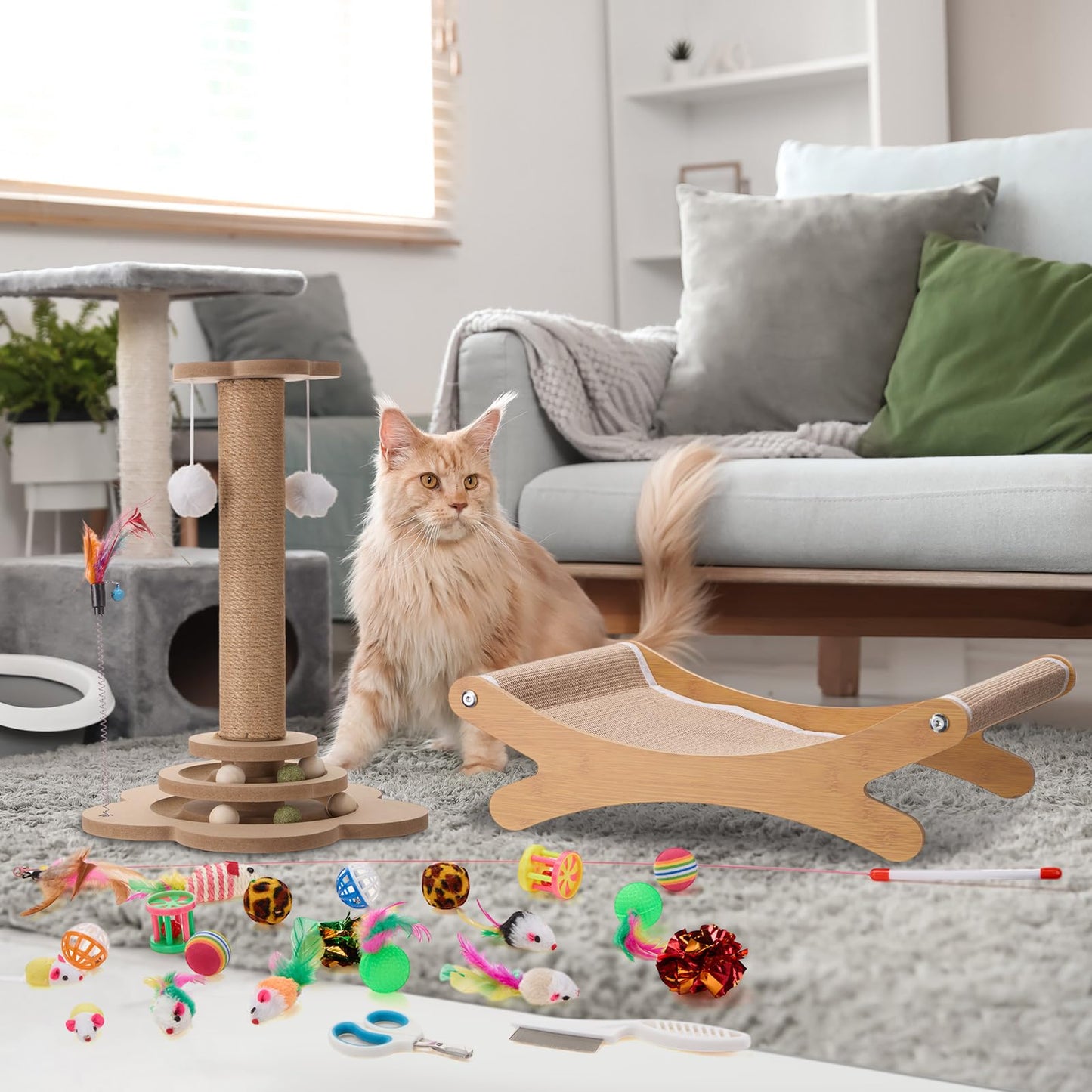 Seenelling 25 Pcs Kitten Starter Kit for Indoor Cats Include Cat Scratching Post, Sisal Scratcher Bed, Brushes, Nail Clipper, Balls for Indoor Kittens Supplies Accessories Welcome Gift