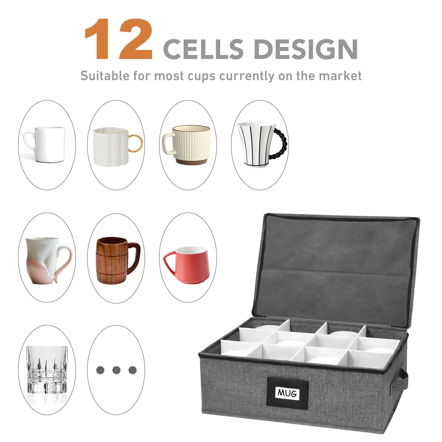 HURZMORO Mug Storage Box with 12 Compartments, Gray Hard Shell Container, Padded Dividers, Dual Handles, Zipper Lid for Coffee Cup Organization and Moving (1, Coffee Cup Storage Box)