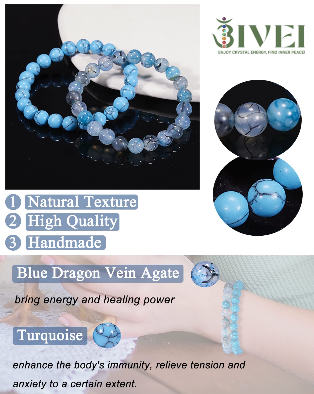 Bivei Natural Gemstone Semi Precious Crystals Handmade Stretchy Round Beads Bracelet, Stocking Stuffers for Women(Blue Dragon Vein Agate & Turquoise (Strength & Protection) Medium)
