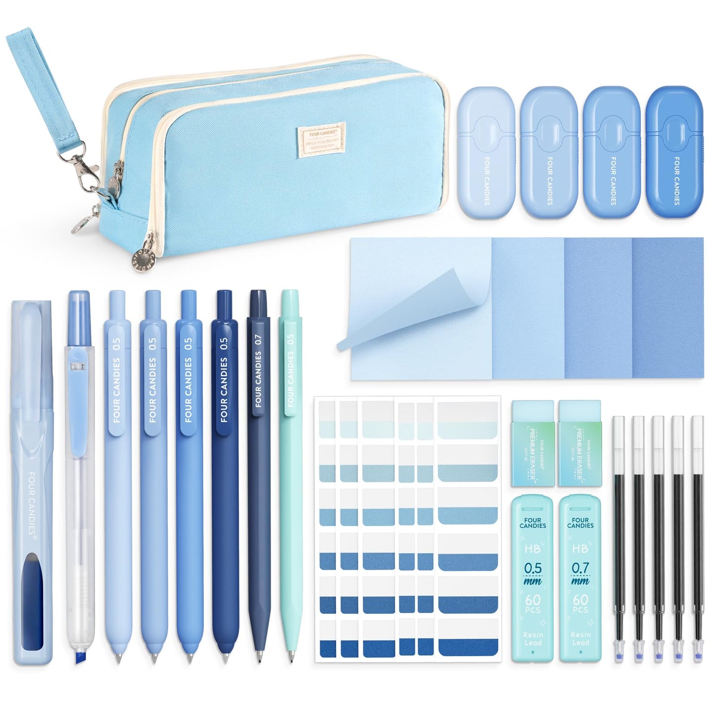 Four Candies Blue School Supplies, Gel Pens with Black Ink, Correction Tapes,Pastel Highlighters, Mechanical Pencils, Sticky Notes, Index Post for Bible Study Stationary College Essentials
