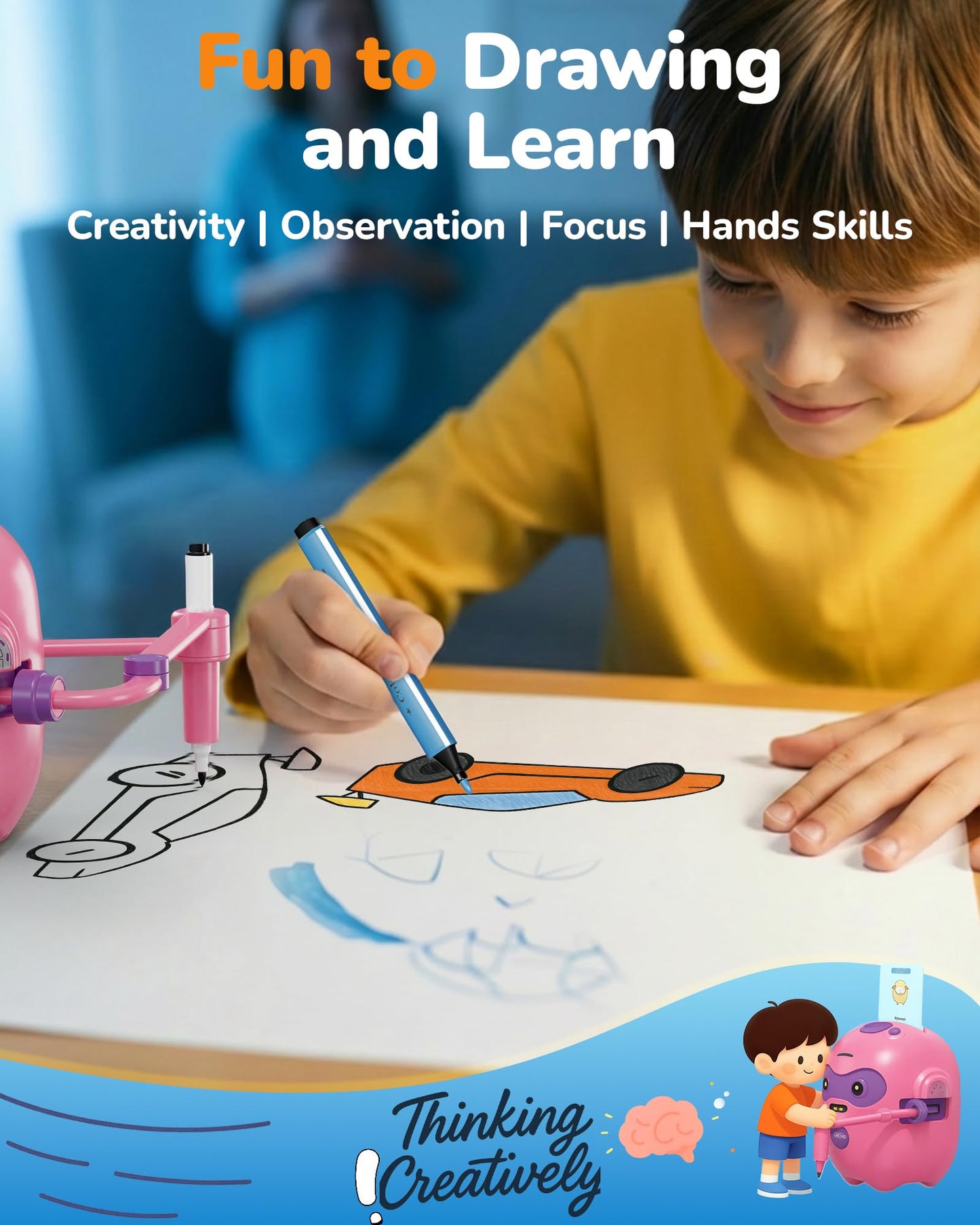 Drawing Robot for Kids, Rechargeable 4-in-1 Draw/Learn/Spell/Music Interactive Educational Robot Drawing Machine with 100 Cards & 12 Color Pens, Learning Toys for 3-8 Year Old Boys Girls Birthday Xmas