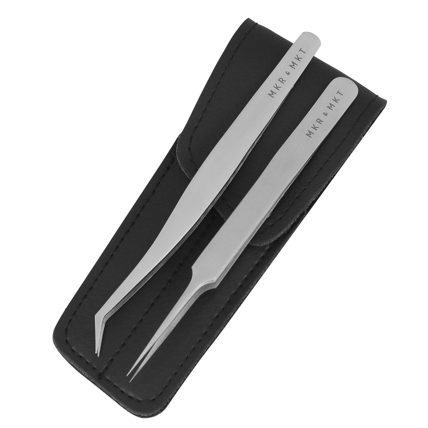 Small Precision Tweezers 4.5 Inch Set of 2 Kit - Mini Angled and Fine Needlepoint Tips with Pouch Sleeve for Embroidery, Jewelery, Beading, Thread, Knitting, Sewing, Arts & Craft (Satin)