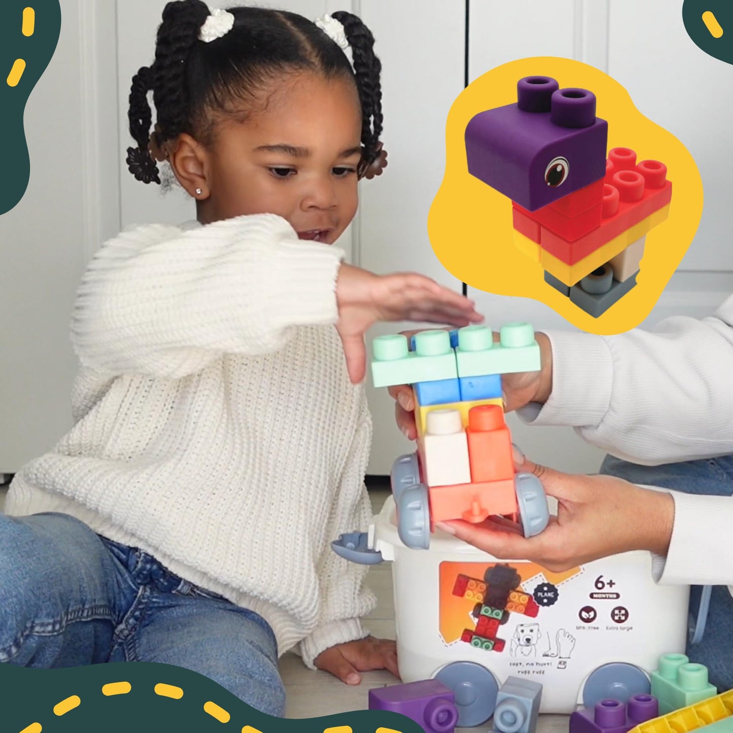 WaBee Baby Soft Rubber Building Blocks - 50 Pieces in Wheeled Bin Ages 12mo+ - Extra Large Chew-Safe Sensory Toys - STEM Learning Set - Not Compatible with Duplo/Mega