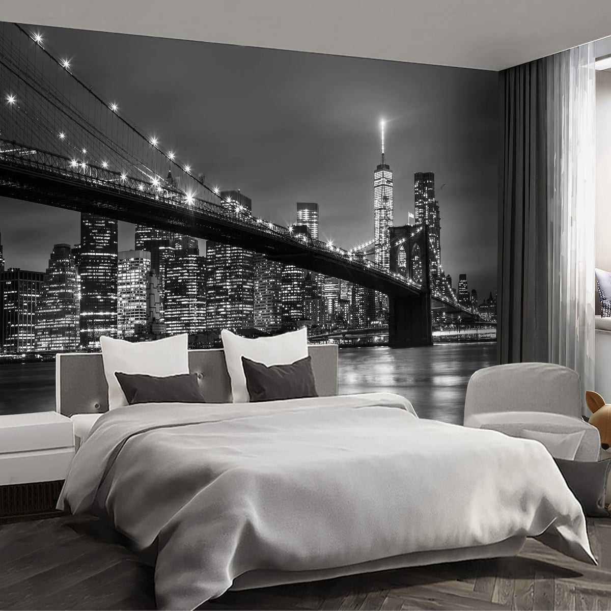 Gray Brooklyn Bridge at Night NYC Wall murals New York Peel and Stick Wallpaper for Bedroom Living Room - 58"x86"