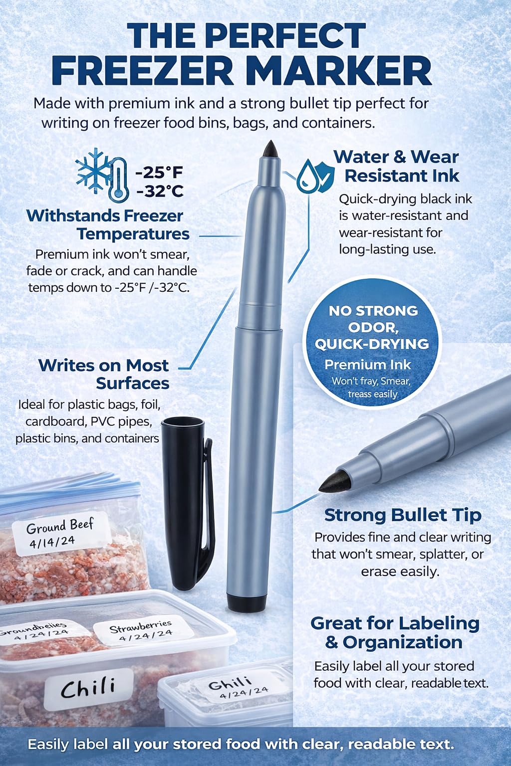 Cadie Permanent Freezer Marker Set of 2 – Waterproof Fast-Drying Black Ink Pens with Chisel Tip for Food Labeling, Fridge & Freezer Storage, Kitchen & Lab Use & General Organization.