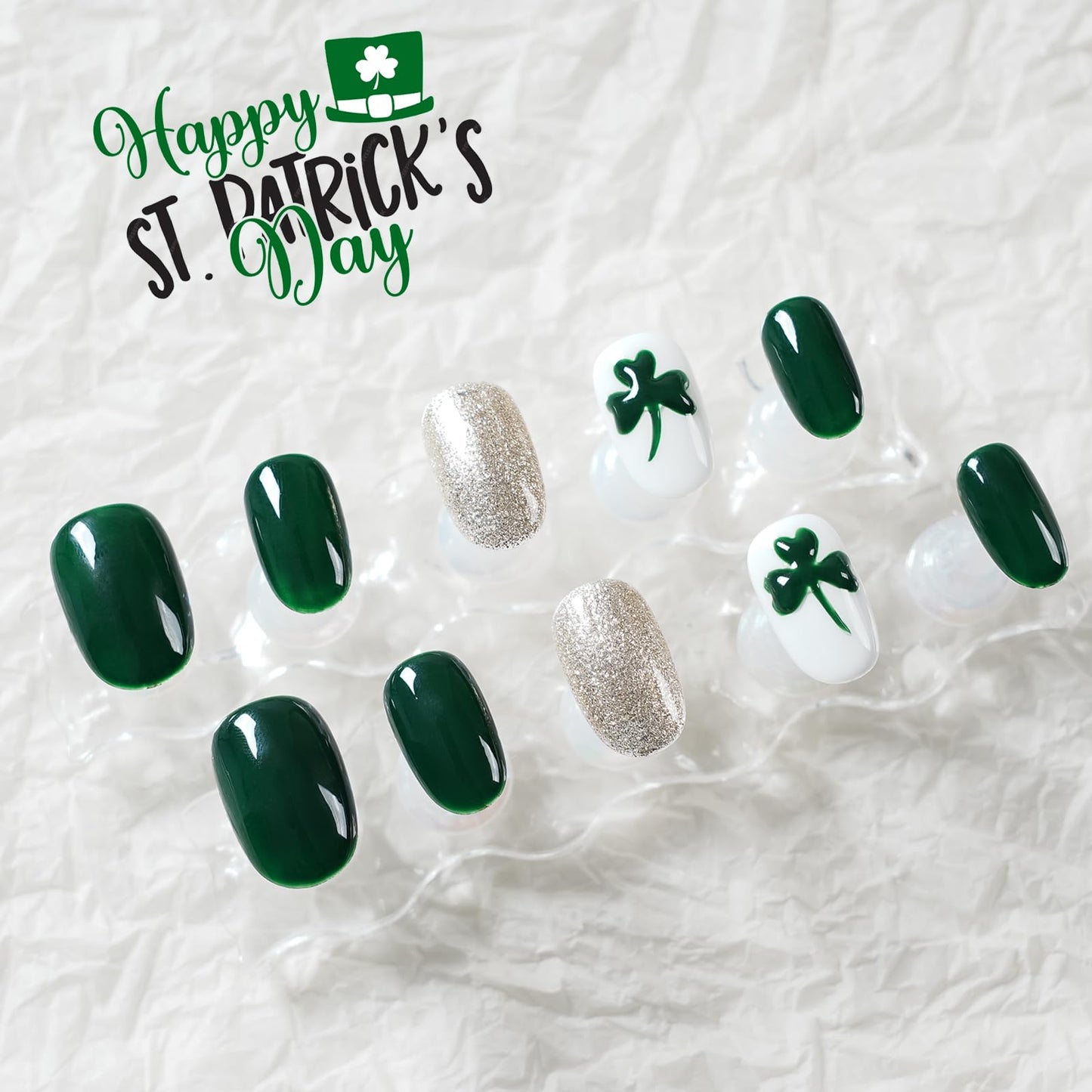 Tesytto Short Oval Press On Nails, Deep Green Silver Glitter Hand-Painted Clover, Reusable Full Cover Acrylic Nail Art (Size M)