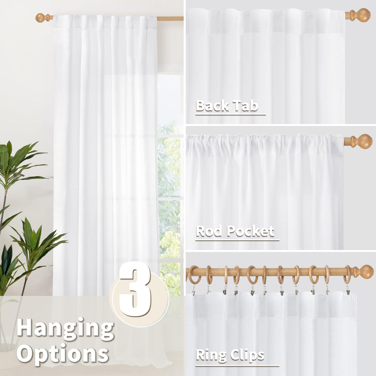 Extra Long White Linen Curtains 102 Inch Length for Living Room (2 Count)