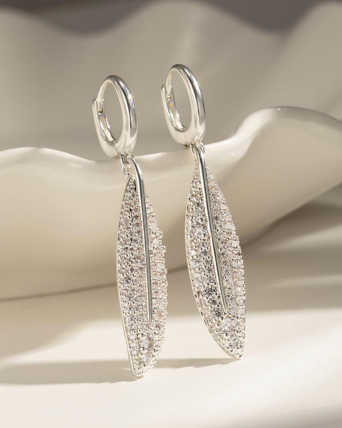 Asdecy Leaf 925 Sterling Silver Huggie Hoops Earrings for Women Drop Dangle Cubic Zirconia Elegant Prom Bridal Bridesmaid Wedding Anniversary Dangling Jewelry