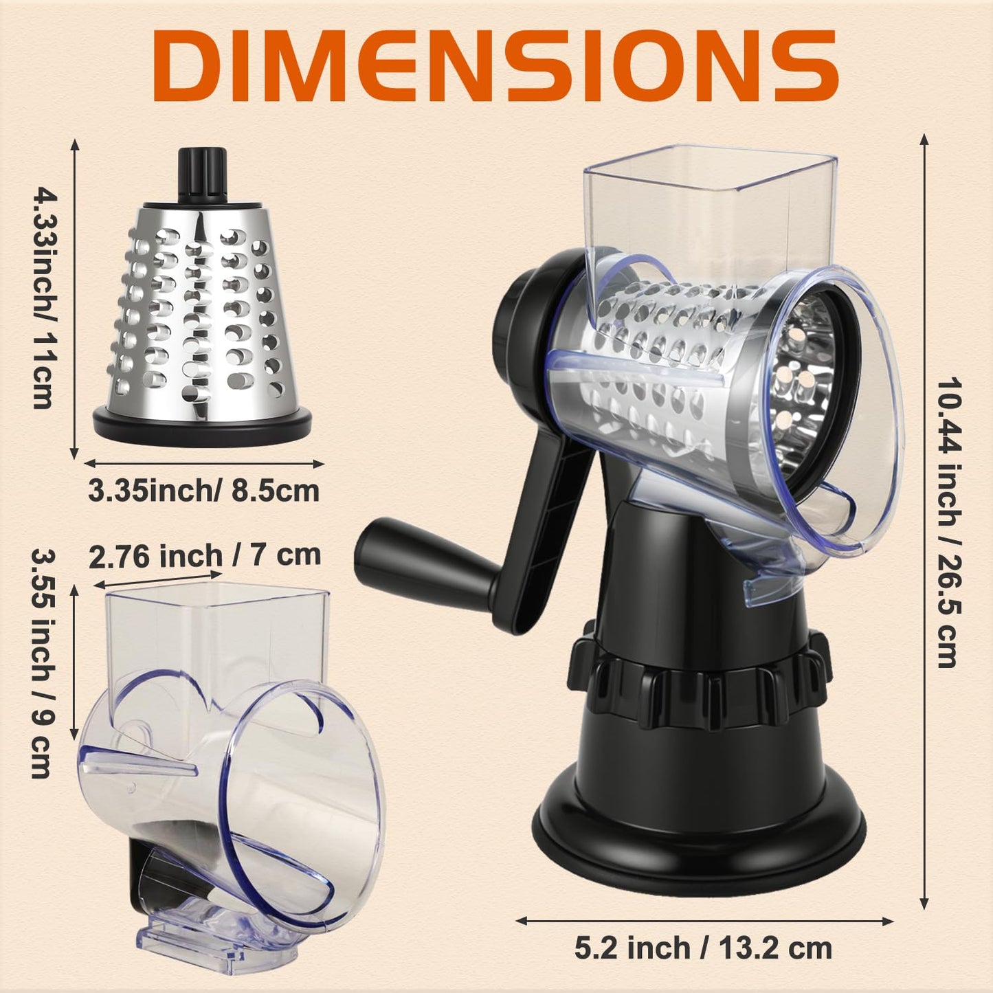 Rotary Cheese Grater Hand Crank, Vegetable Slicer with 3 Blades, Stable Suction, Labor-Saving Handle, Cheese Shredder for Potato Vegetables Nuts Chocolate, Black