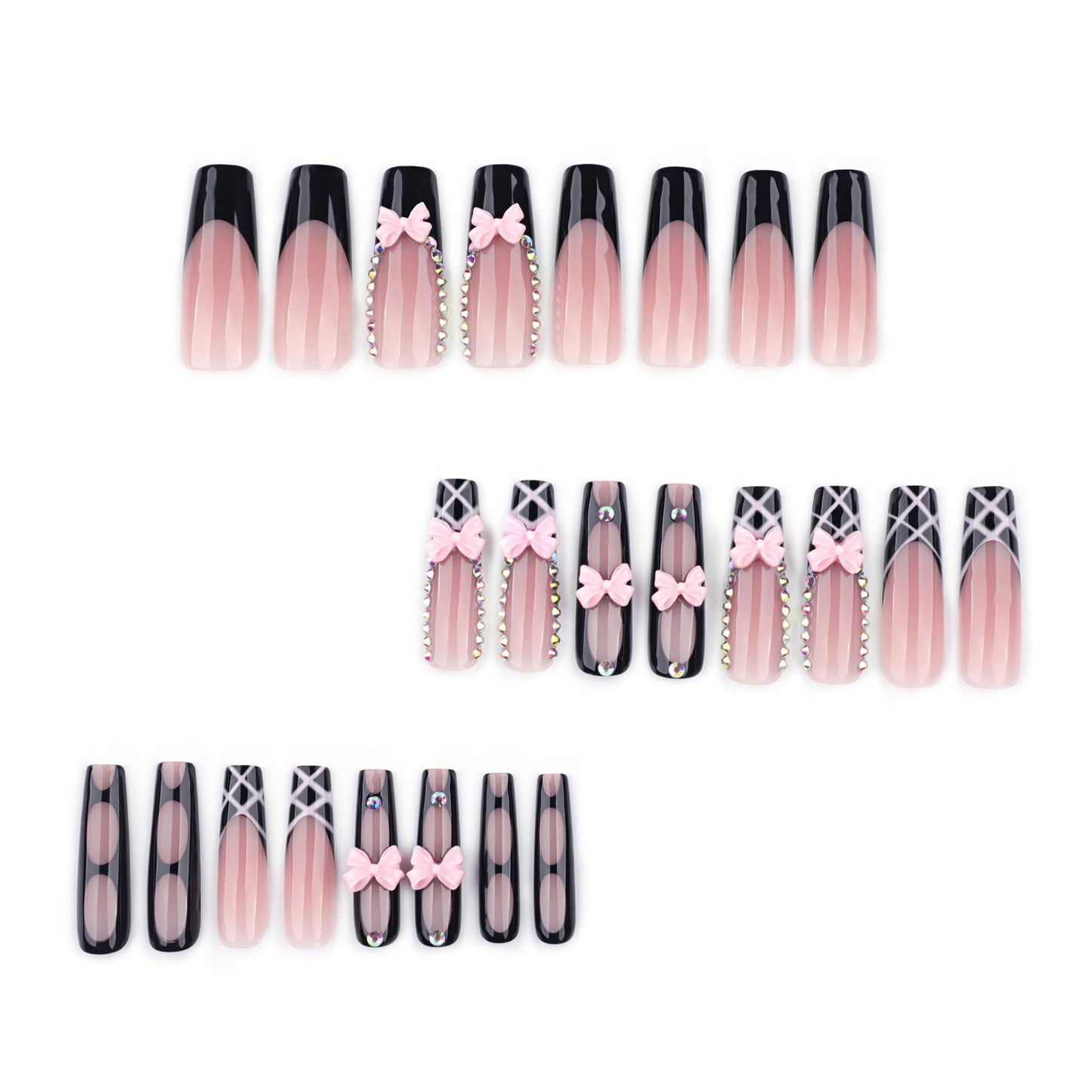 Long Press on Nails Square Fake Nails Black Acrylic Nail Press ons Seeneey Pink Bow Designs Sparkly Rhinestones Stick on Nail for Women 24pcs