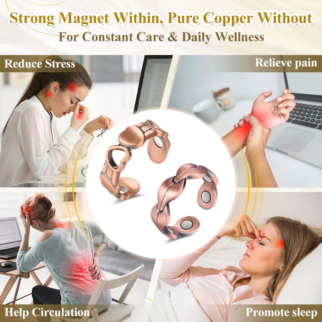 Vicmag 2PCS Magnetic Copper Rings for Women & Men,99.99% Pure Copper Ring with 9X Magnets Gift Adjustable(Leaf & Love)