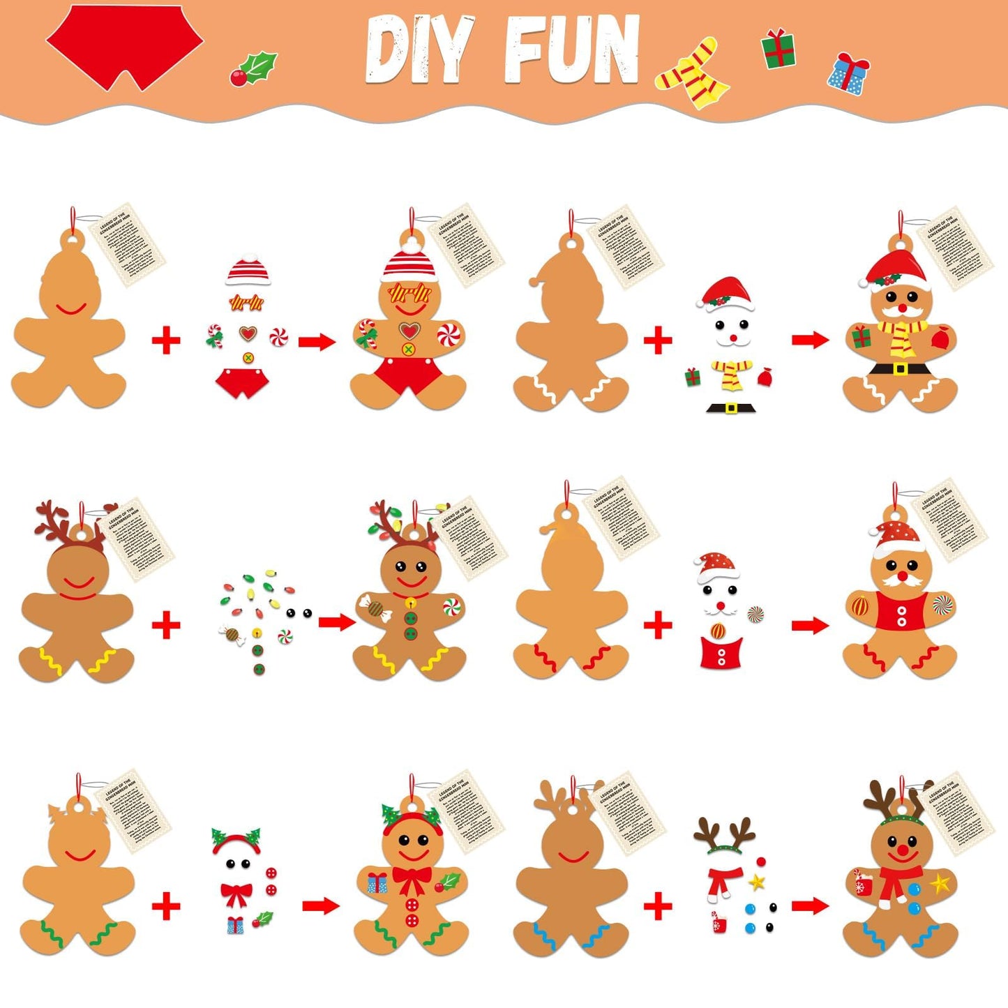 Qyeahkj 72 Pack Christmas Gingerbread Men Craft Kit Bulk DIY Arts and Crafts for Make Your Own Gingerbread Xmas Tree Ornaments Stickers for Winter Holiday Xmas Chirstmas Decoration