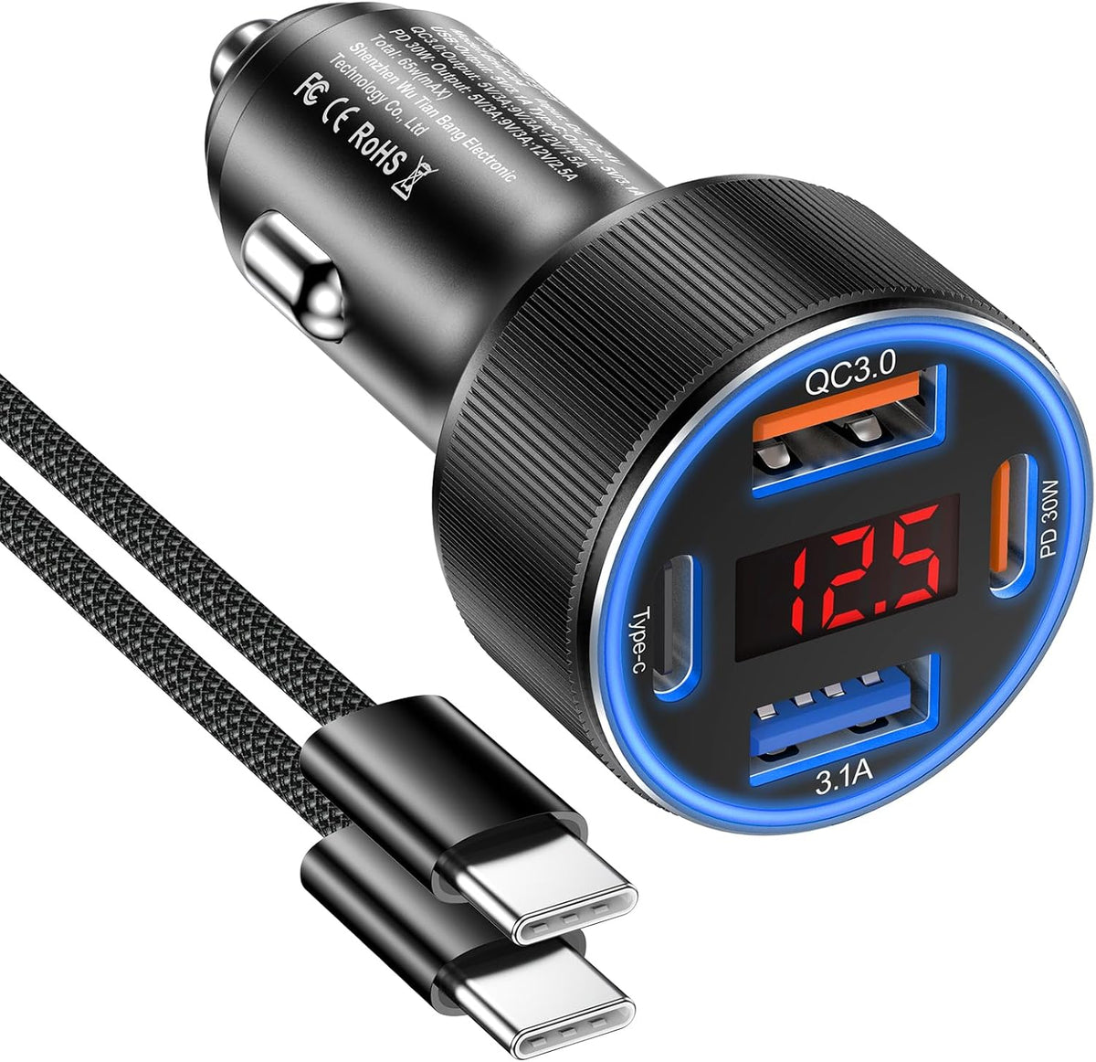 Car Charger for iPhone 16 15 Pro Max, Besgoods 4-Port Cigarette Lighter Adapter USB C & USB A Car Phone Charger Fast Charging Voltmeter for Galaxy S24 S23 A15 A54 Android, 6ft USB C to C Cable