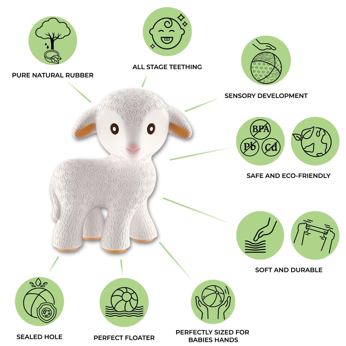 CaaOcho Pure Natural Rubber Teething Baby Toy - Mia the Lamb Teether for Babies, BPA Free Baby Toy, All Natural Teething Toys for Babies 0-6, Safe and Fun Molar Teether Toy