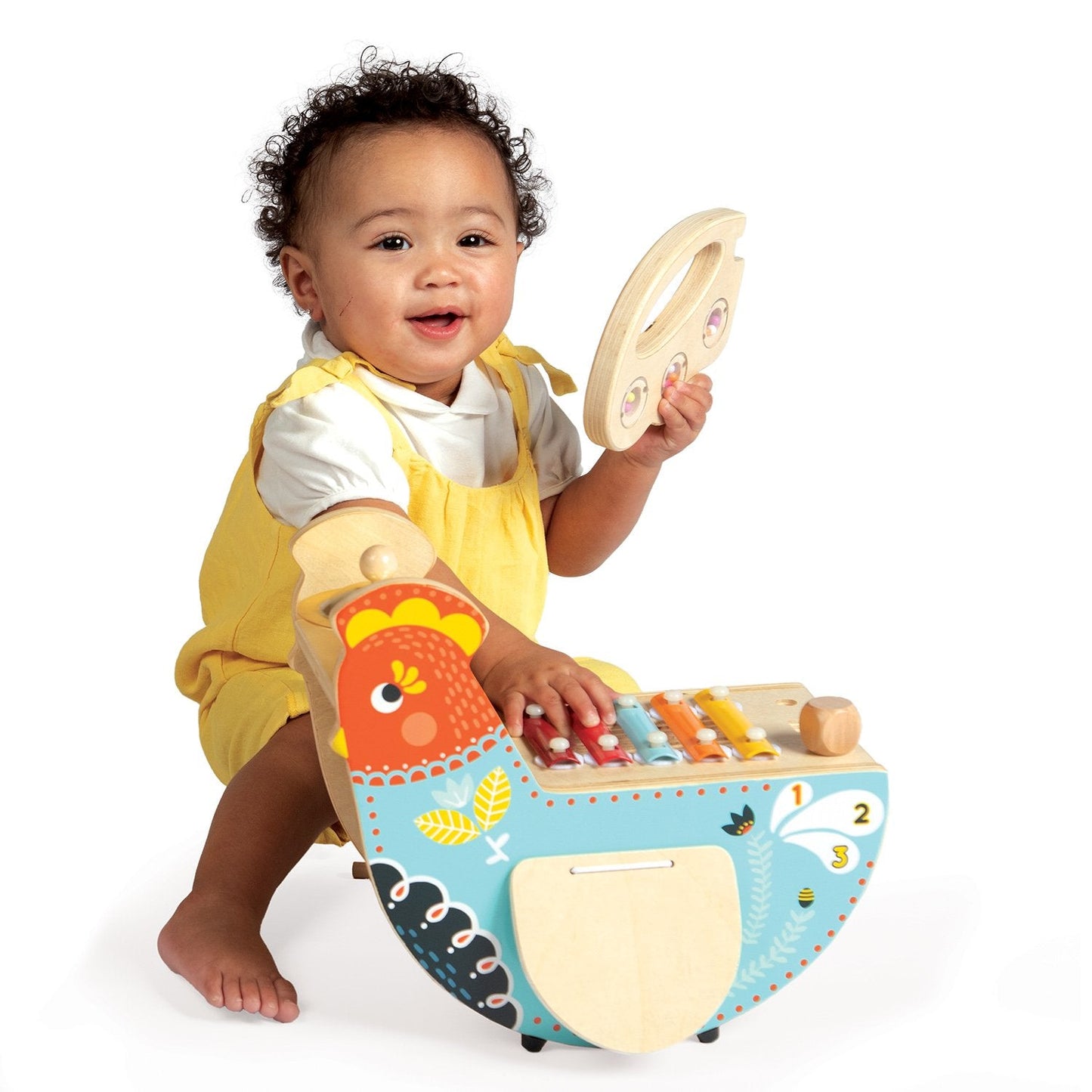 Manhattan Toy Musical Chicken Wooden Instrument for Toddlers with Xylophone, Drumsticks, Cymbal and Maraca,Blue